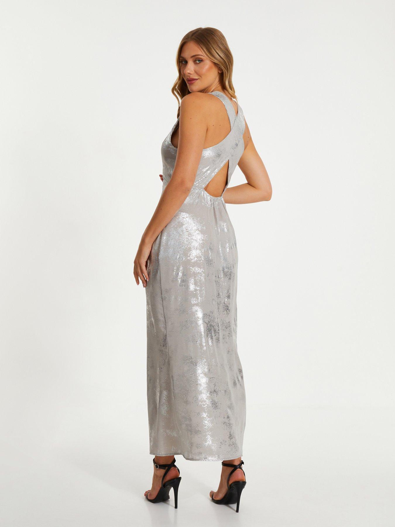 Image 2 of 6 of Quiz Silver Foil Plunge Maxi Dress