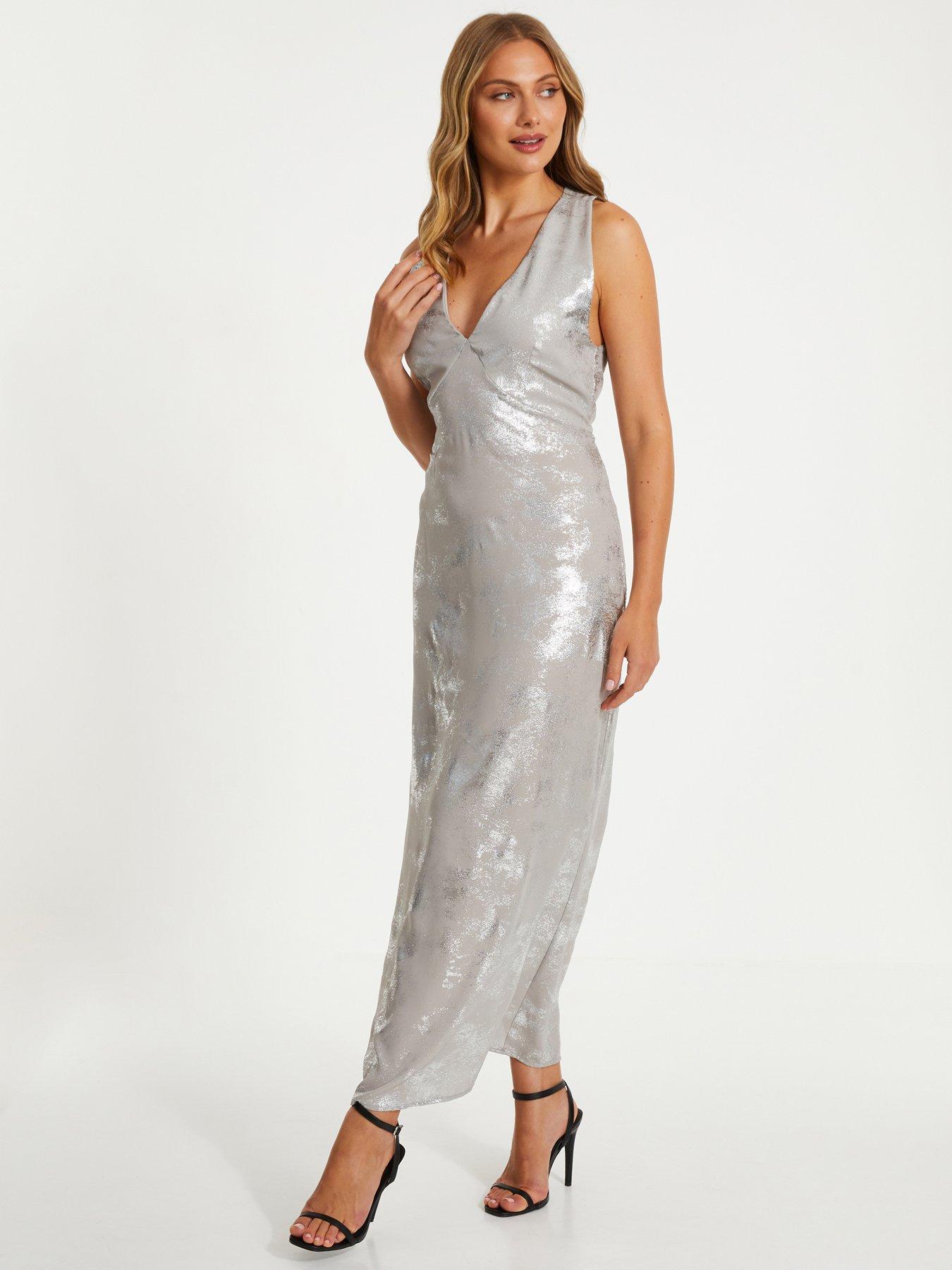 Image 3 of 6 of Quiz Silver Foil Plunge Maxi Dress