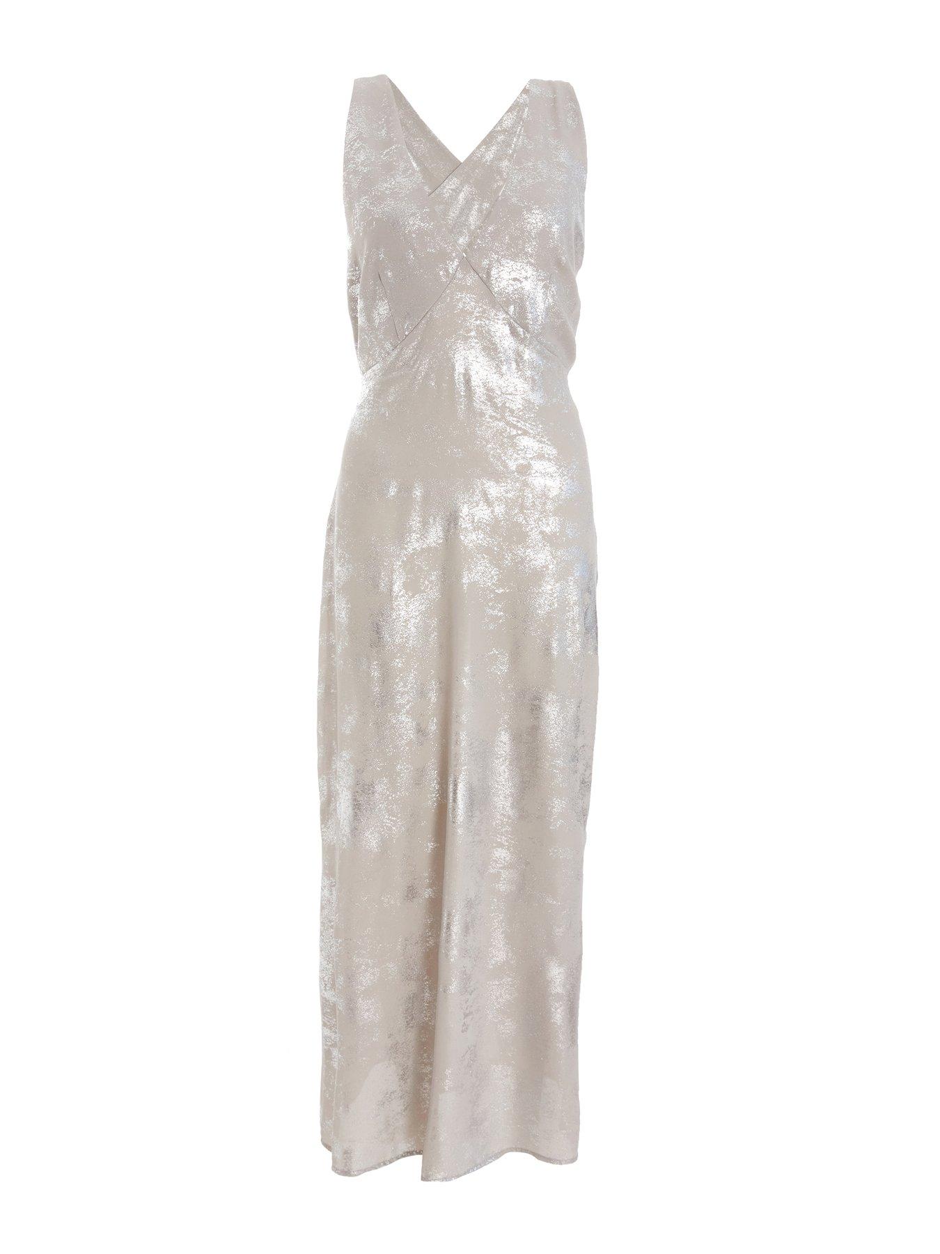 Image 4 of 6 of Quiz Silver Foil Plunge Maxi Dress