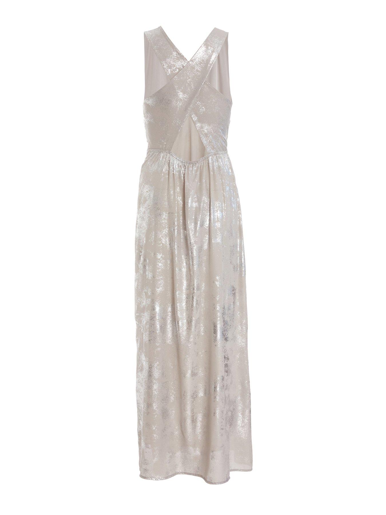 Image 5 of 6 of Quiz Silver Foil Plunge Maxi Dress