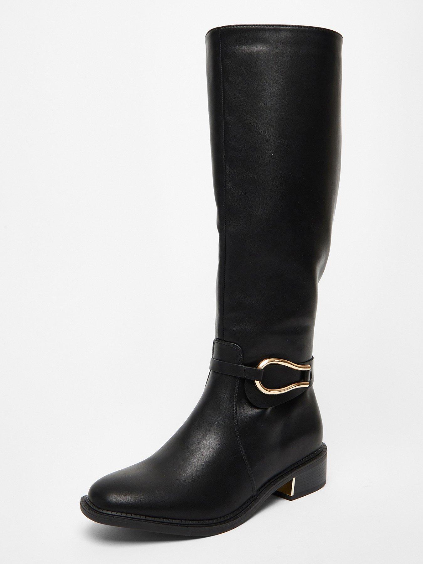 Quiz Wide Fit Black Faux Leather Knee High Flat Boots Very