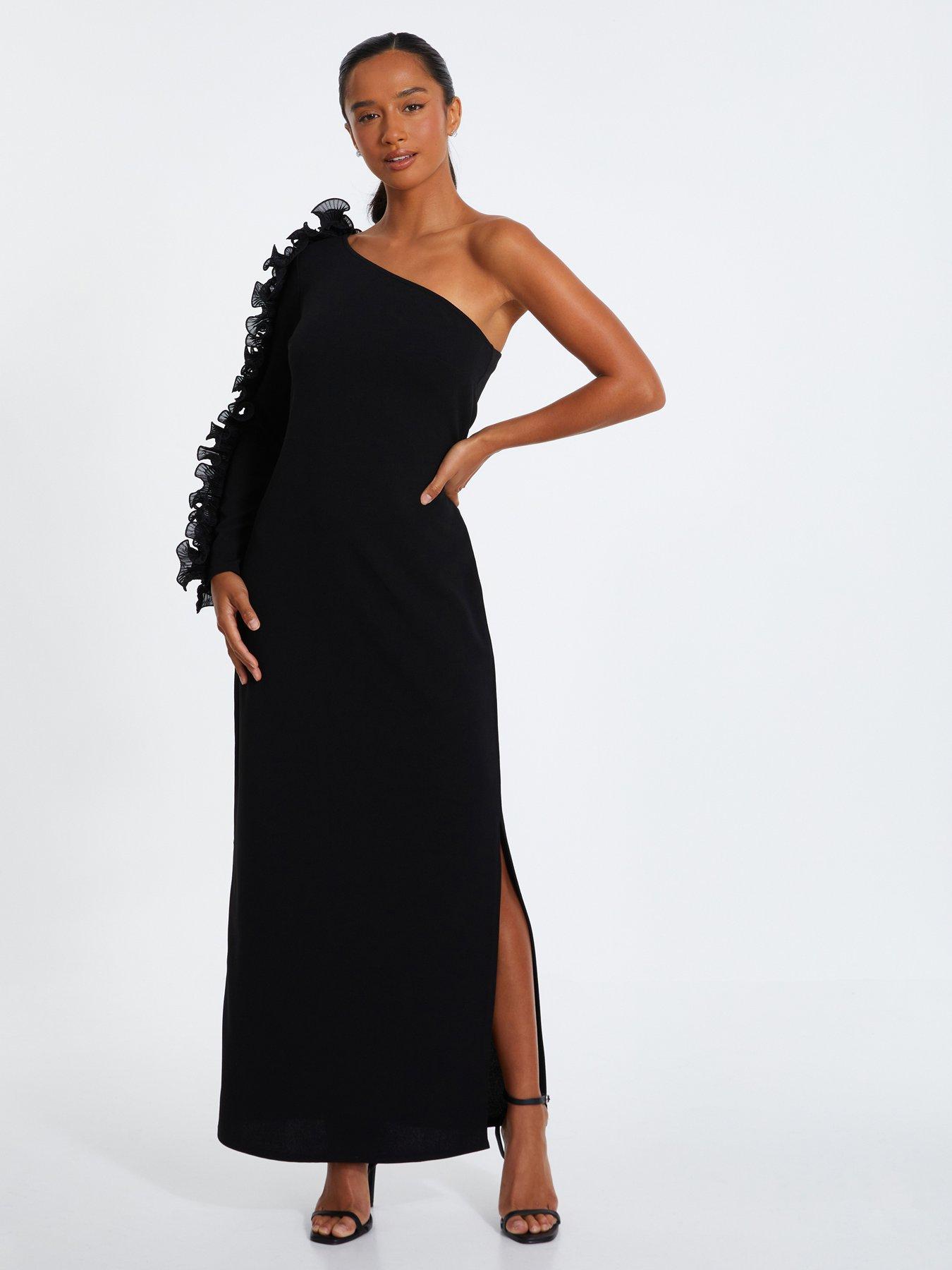 Quiz Petite Black Frill One Shoulder Maxi Dress