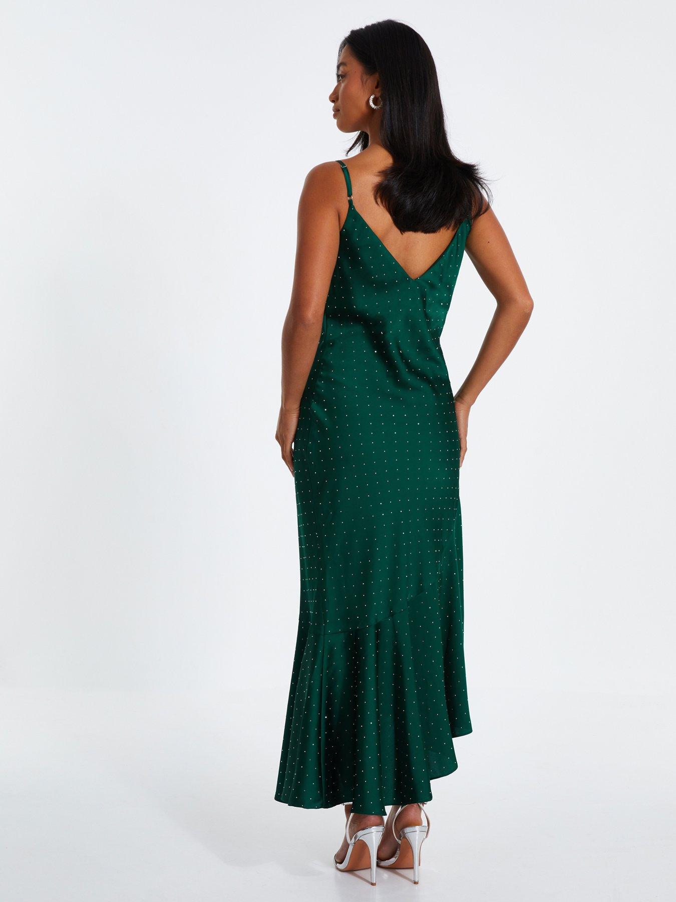 Image 2 of 6 of Quiz Petite Bottle Green Satin Asymmetric Midaxi Dress