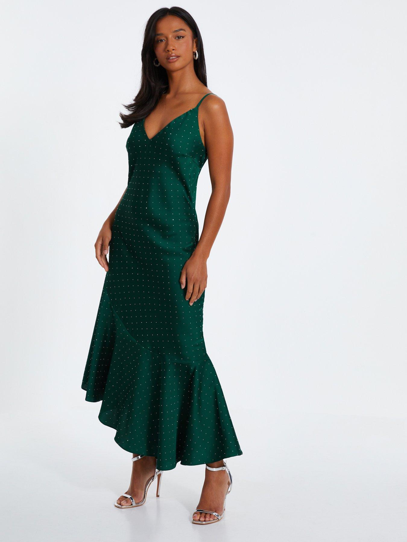Image 3 of 6 of Quiz Petite Bottle Green Satin Asymmetric Midaxi Dress