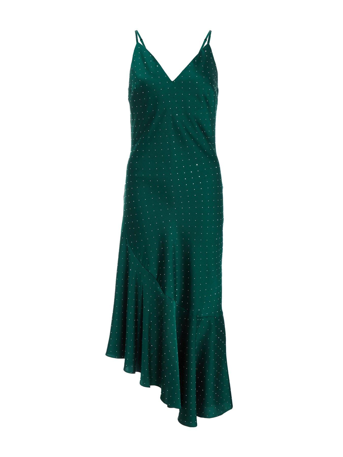 Image 4 of 6 of Quiz Petite Bottle Green Satin Asymmetric Midaxi Dress