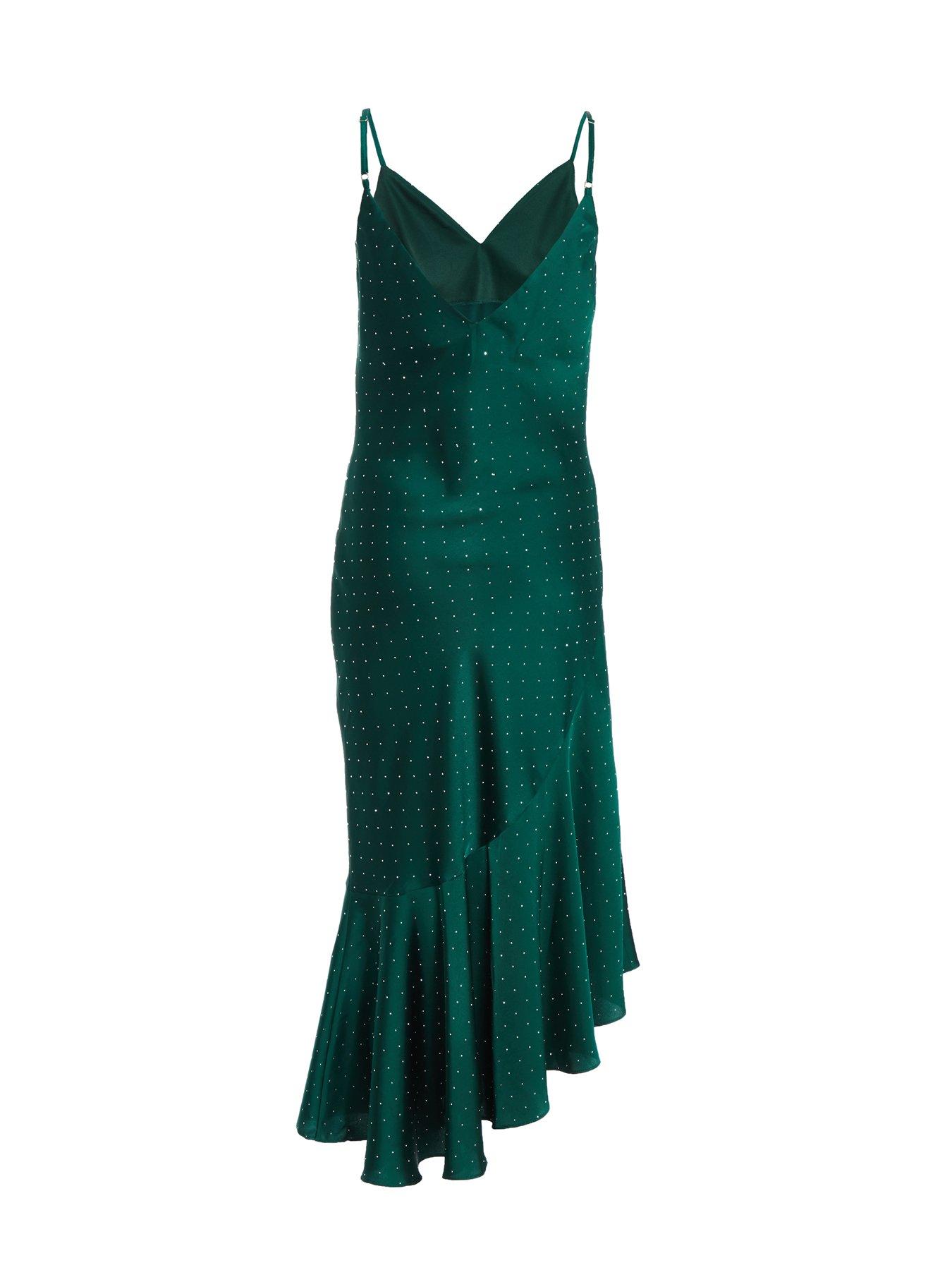 Image 5 of 6 of Quiz Petite Bottle Green Satin Asymmetric Midaxi Dress