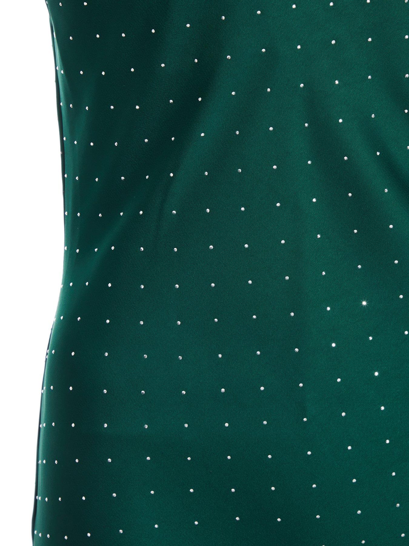 Image 6 of 6 of Quiz Petite Bottle Green Satin Asymmetric Midaxi Dress