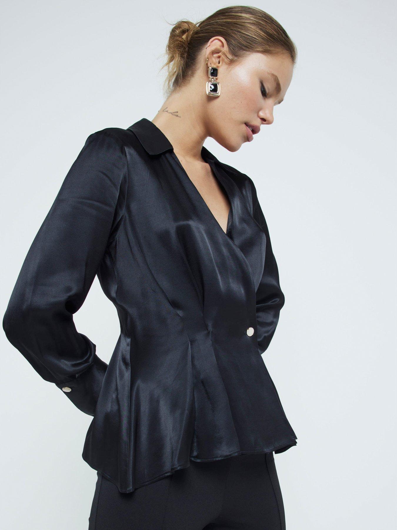 undefined Button Detail Wrap Satin Blouse - Black