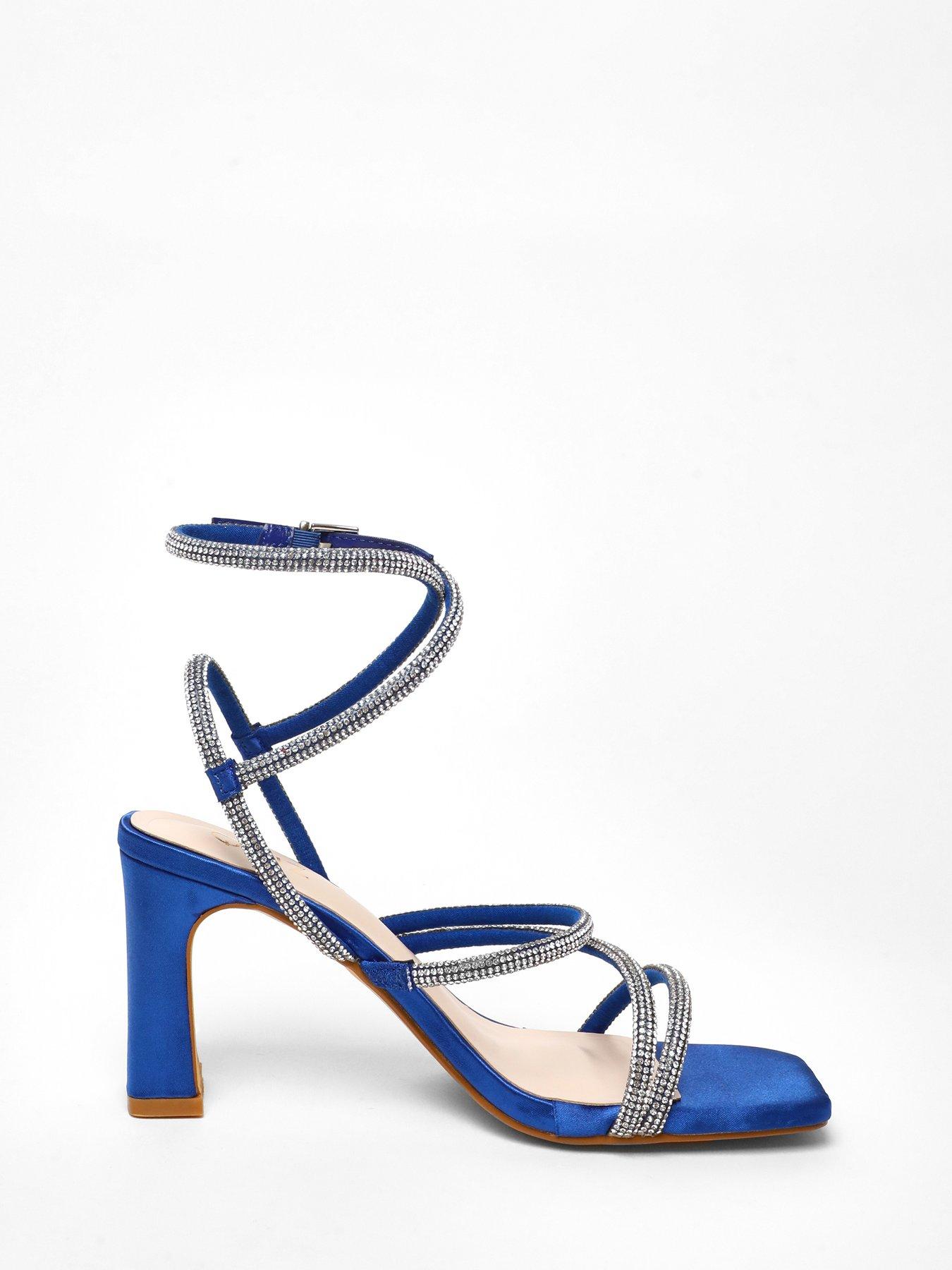 Royal Blue Diamante Strappy Block Heeled Sandals