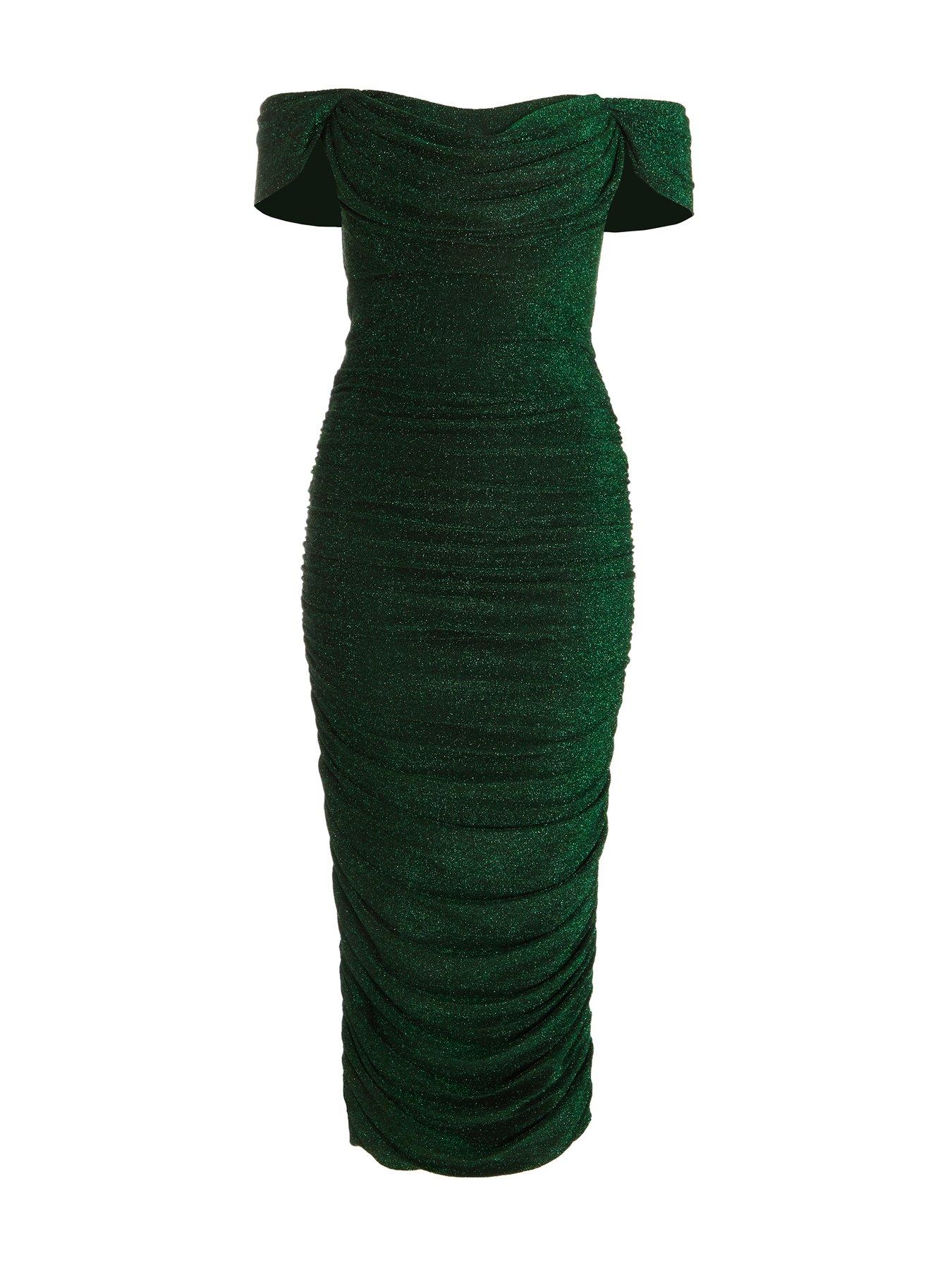 Quiz Bottle Green Shimmer Bardot Ruched Midi Dress | Very