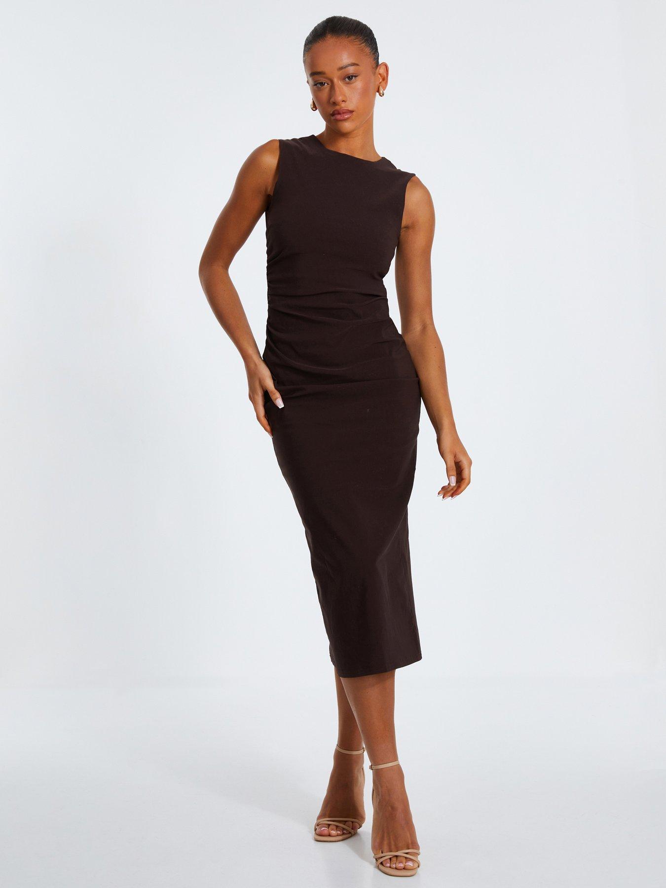 Image 1 of 6 of Quiz Brown Ruched Midi Dress
