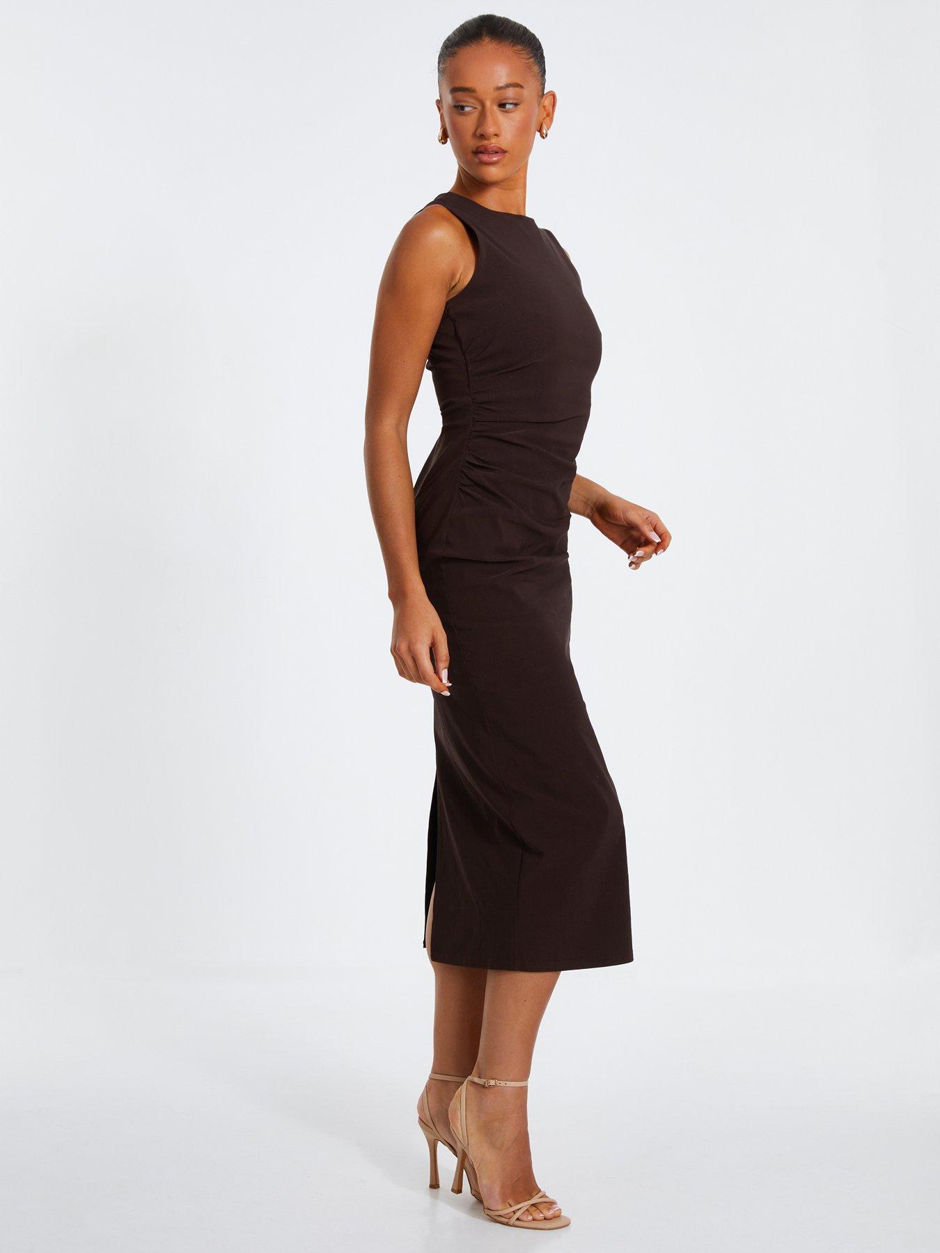 Image 3 of 6 of Quiz Brown Ruched Midi Dress