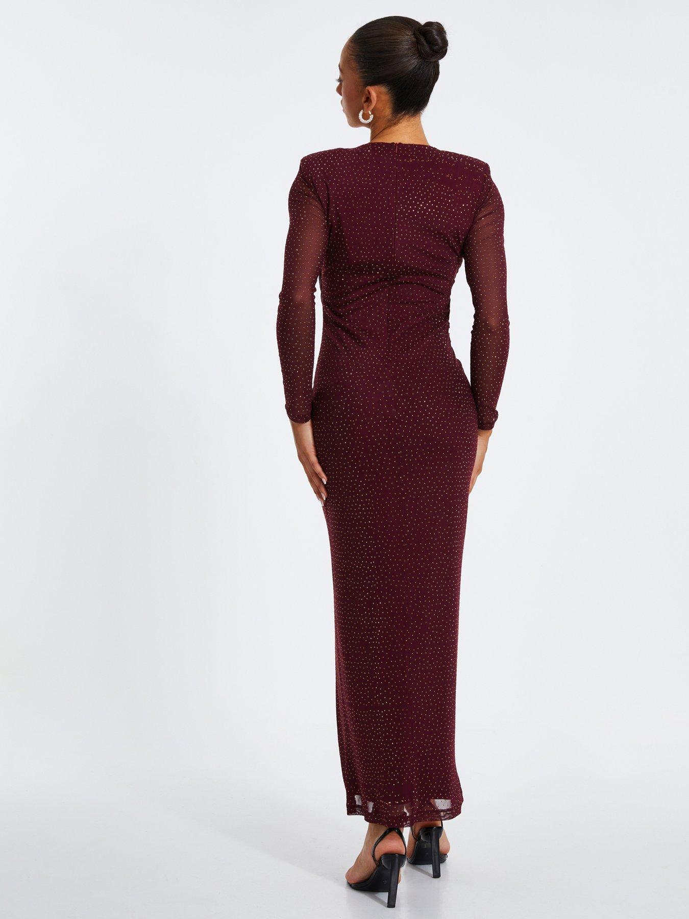 Image 2 of 6 of Quiz Wine Rhinestone Mesh Ruched Midaxi Dress