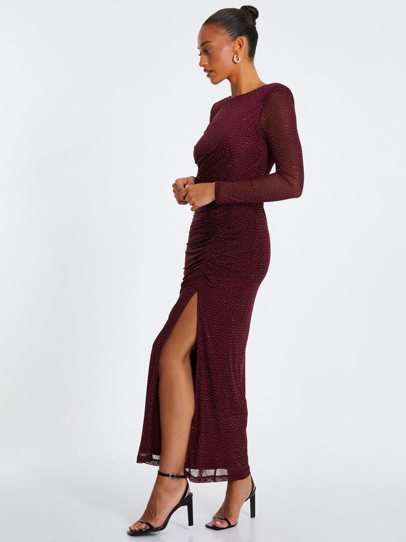 Image 3 of 6 of Quiz Wine Rhinestone Mesh Ruched Midaxi Dress