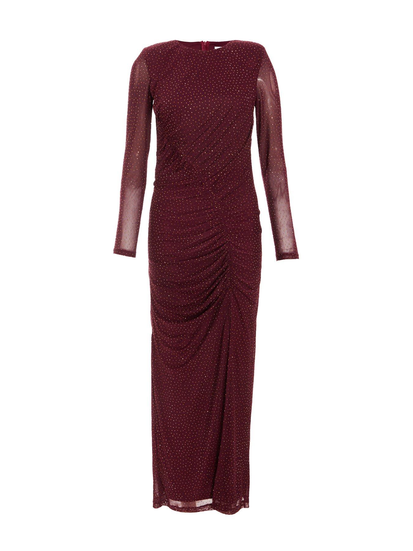 Image 4 of 6 of Quiz Wine Rhinestone Mesh Ruched Midaxi Dress