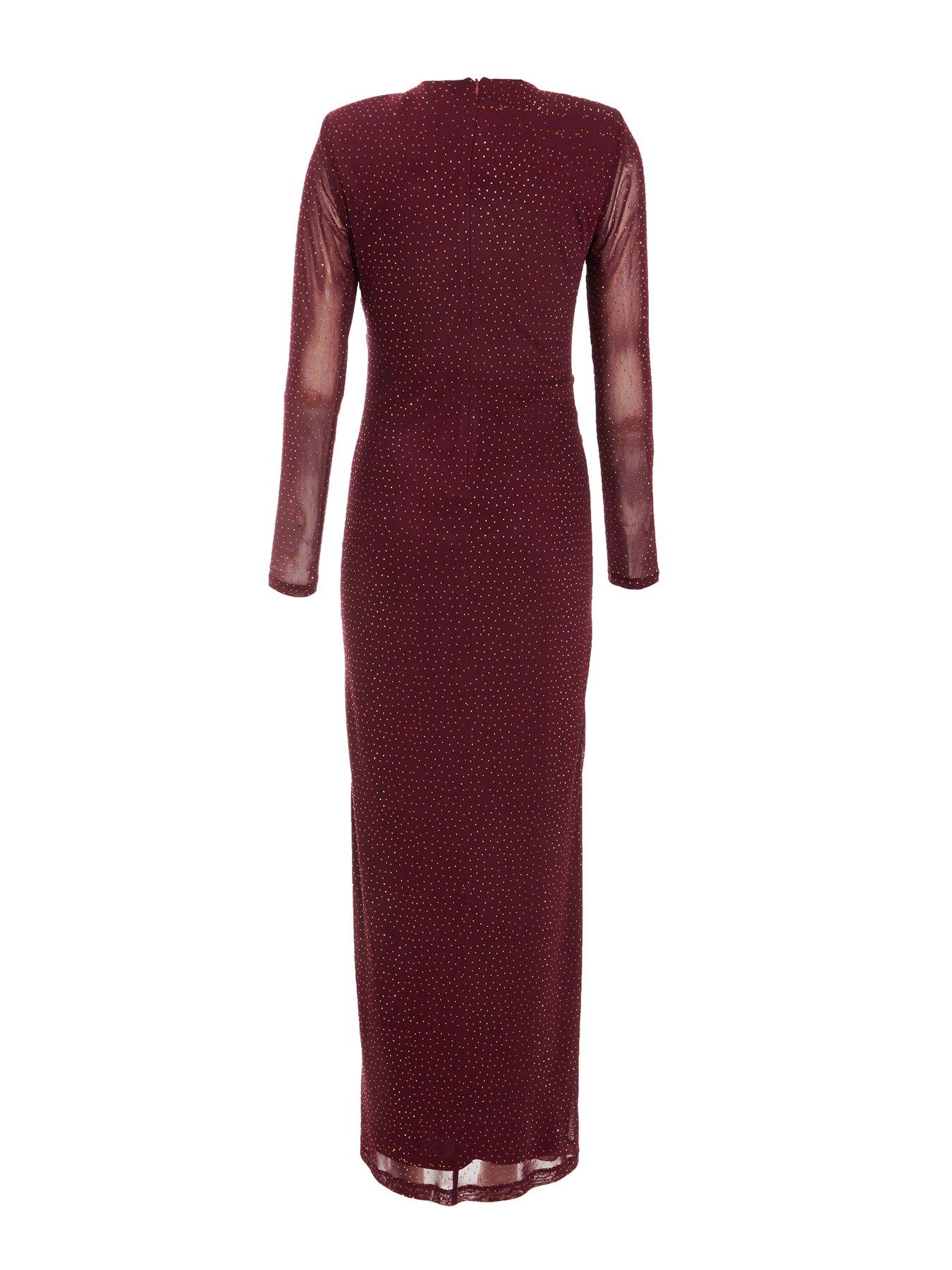 Quiz Wine Rhinestone Mesh Ruched Midaxi Dress Very