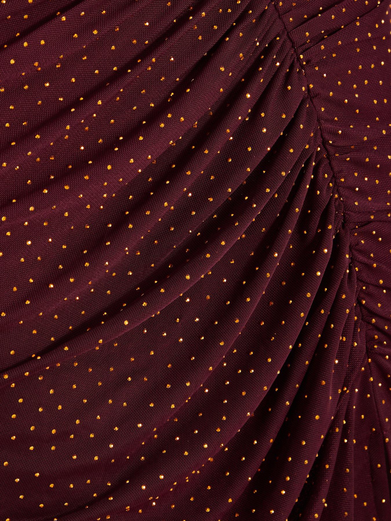 Image 6 of 6 of Quiz Wine Rhinestone Mesh Ruched Midaxi Dress