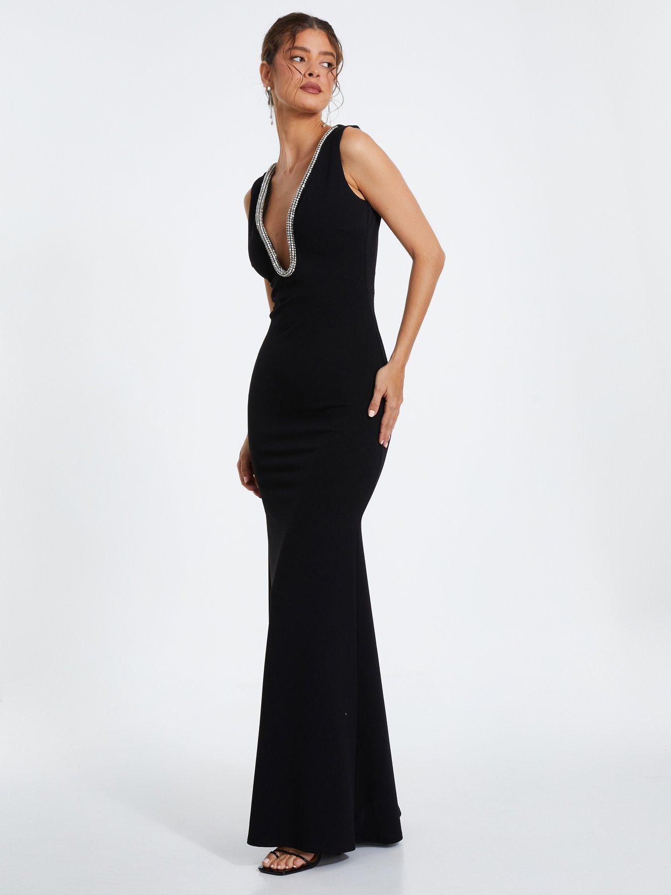 Quiz Diamante Trim Fishtail Maxi Dress Black Very