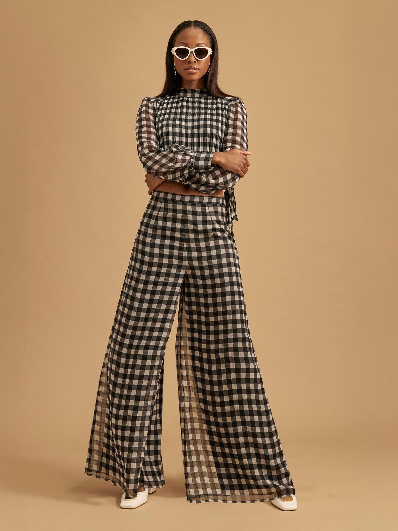 undefined Gingham Wide Leg Trouser - Black