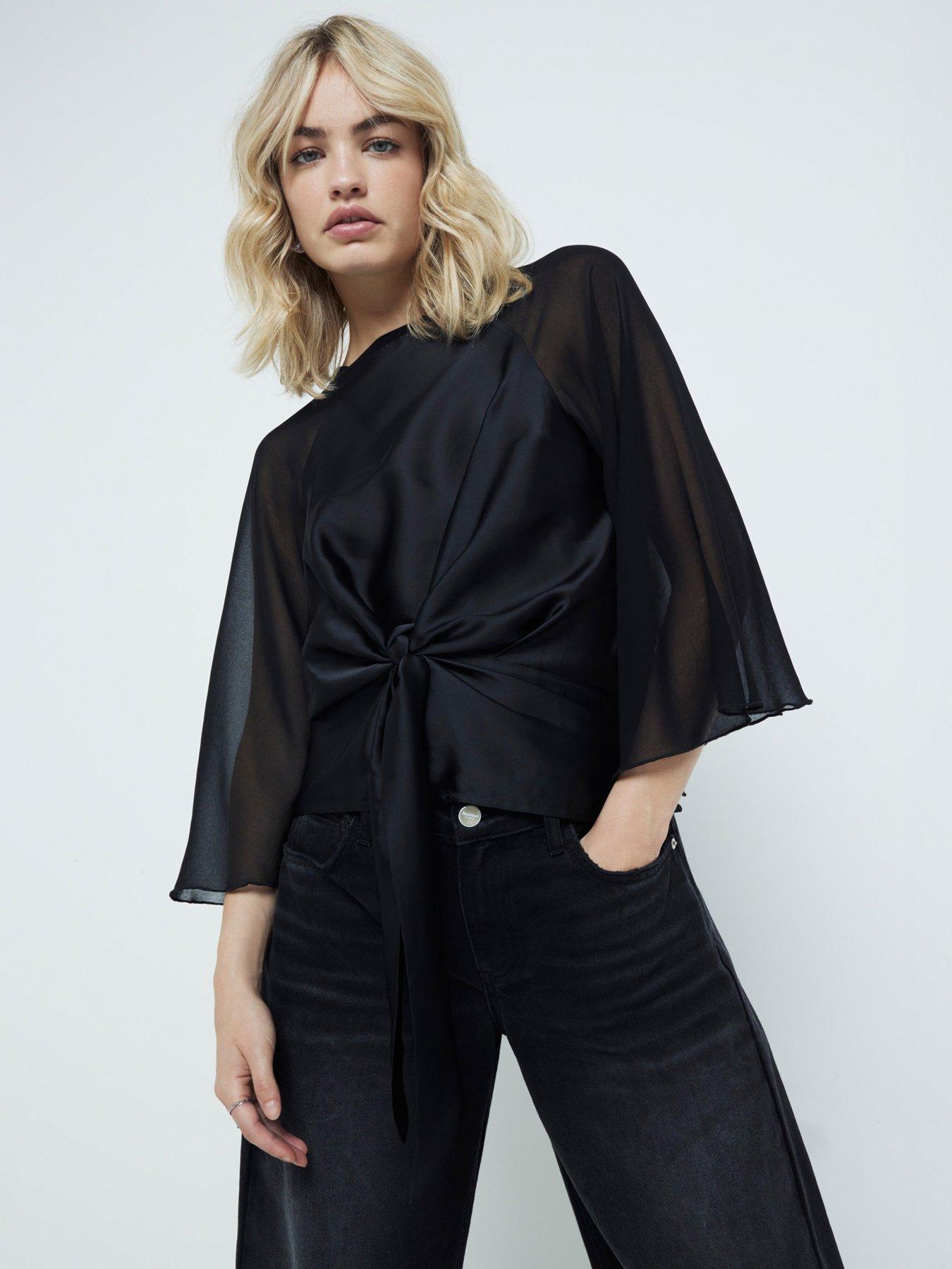 undefined Tie Front Hybrid Top - Black
