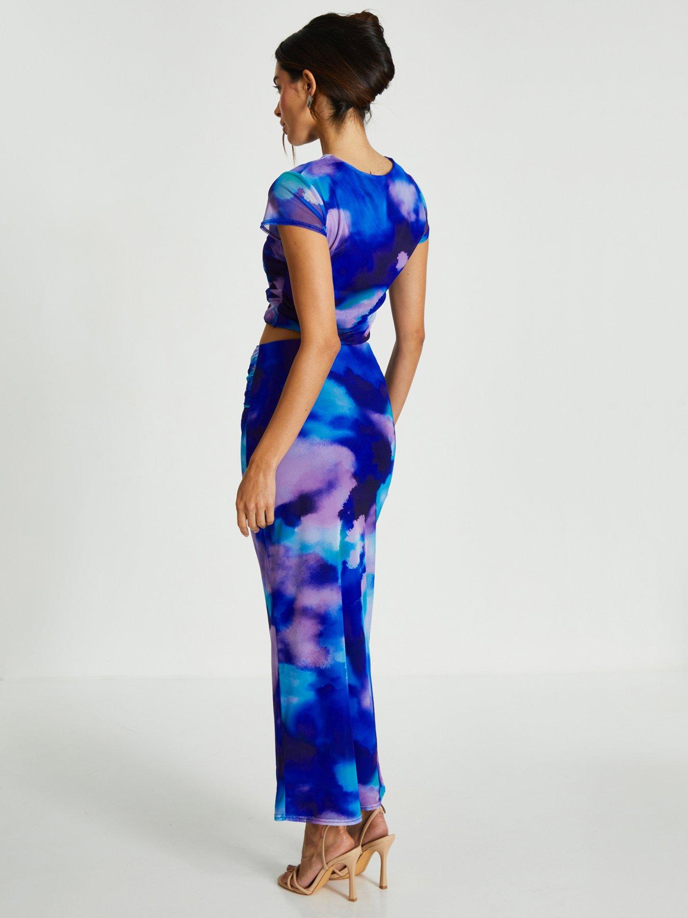 Quiz Blue Mesh Tie Dye Print Midaxi Skirt Very