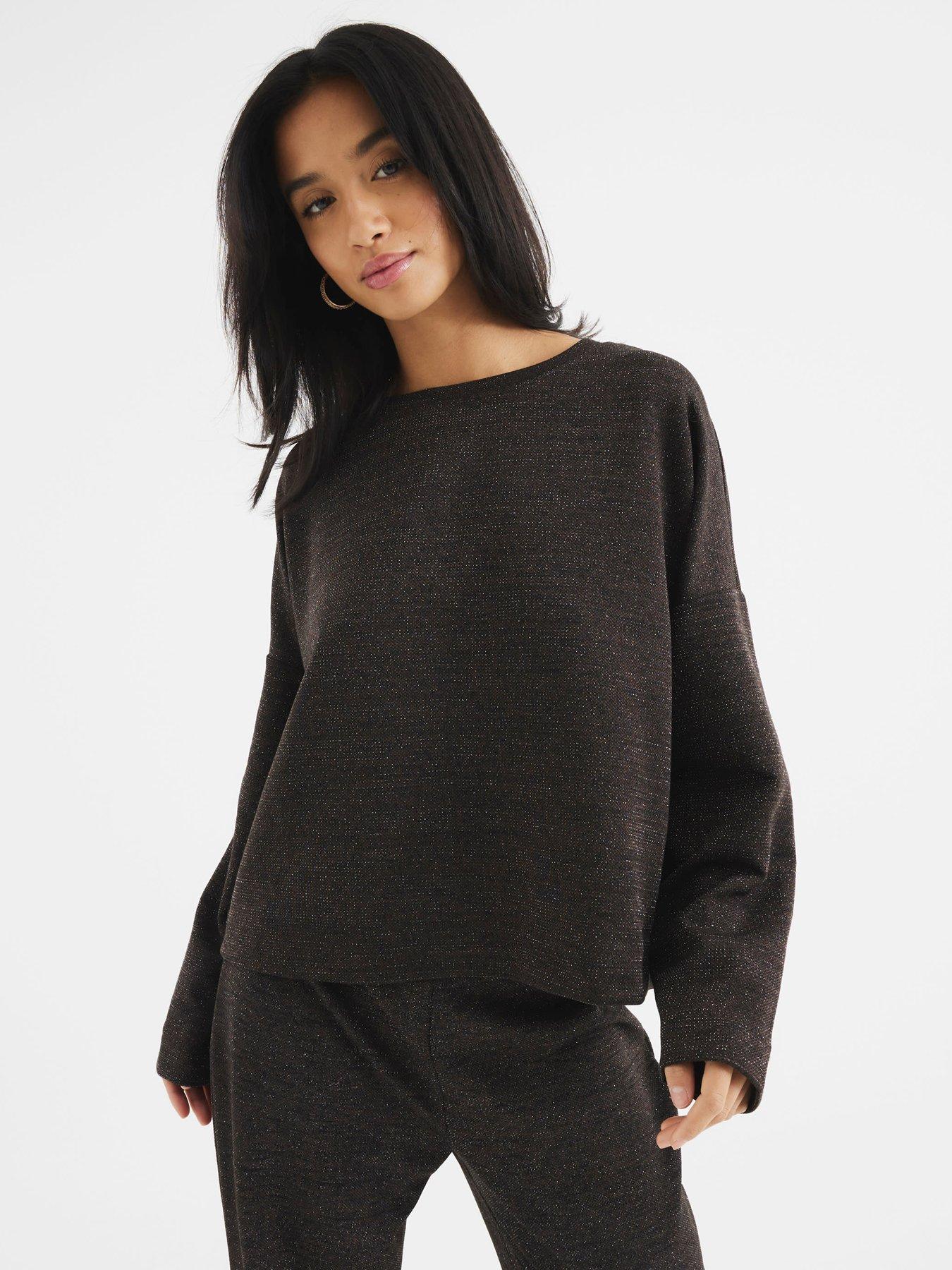 River Island Lurex Crochet Long Sleeve T-Shirt - Dark Brown
