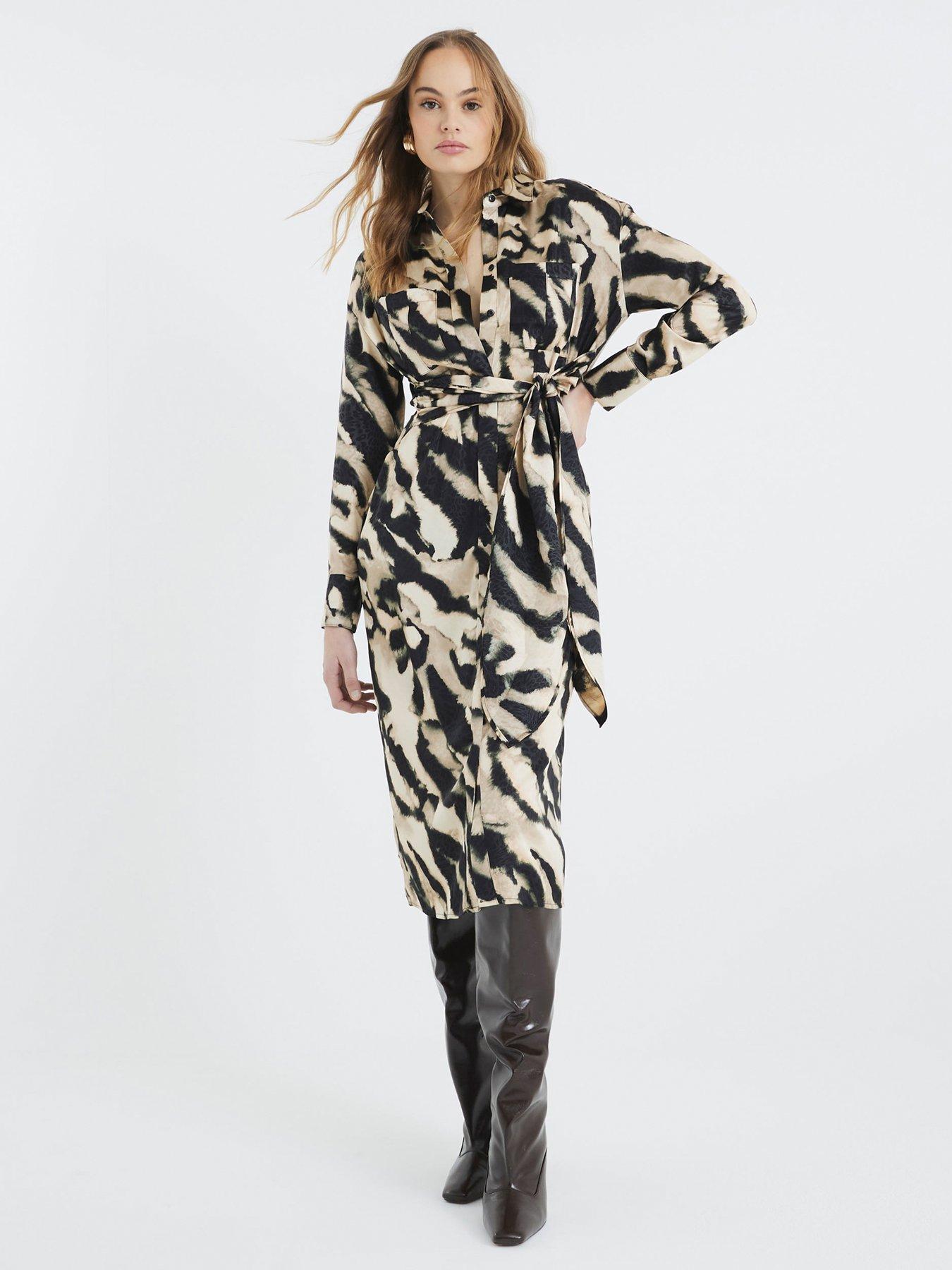 undefined Tie Front Printed Midi Shirt Dress - Cream