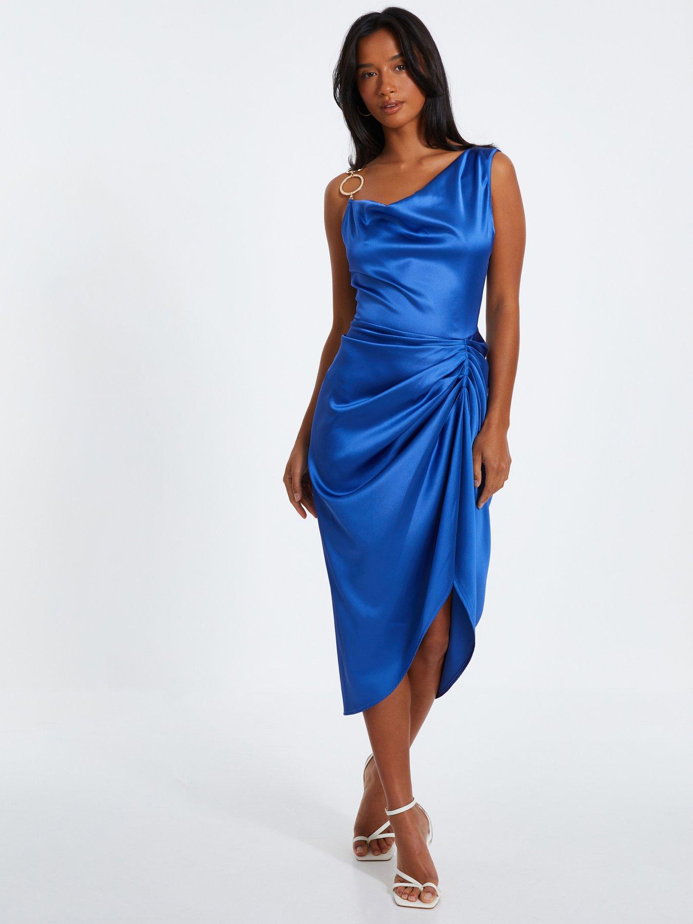 Image 1 of 6 of Quiz Indigo Satin Ruched Midi Dress
