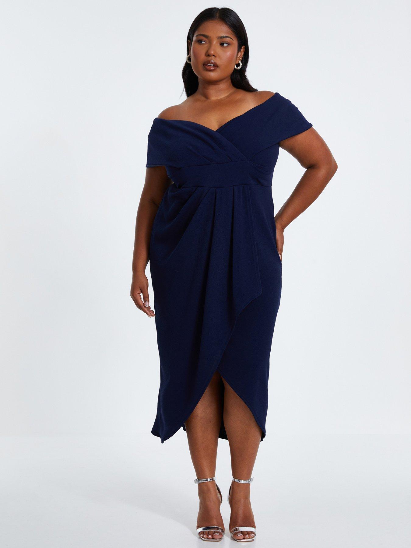 Quiz Navy Curve Bardot Wrap Midi Dress