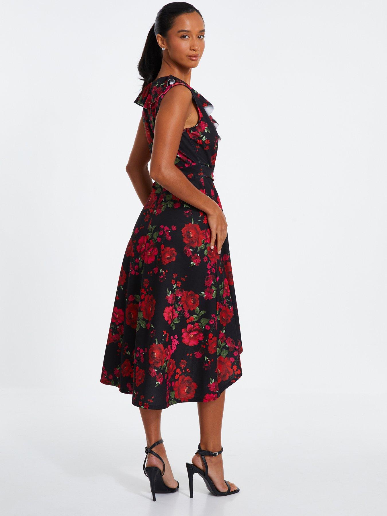 Image 2 of 6 of Quiz Petite Black Floral Dip Hem Midi Dress