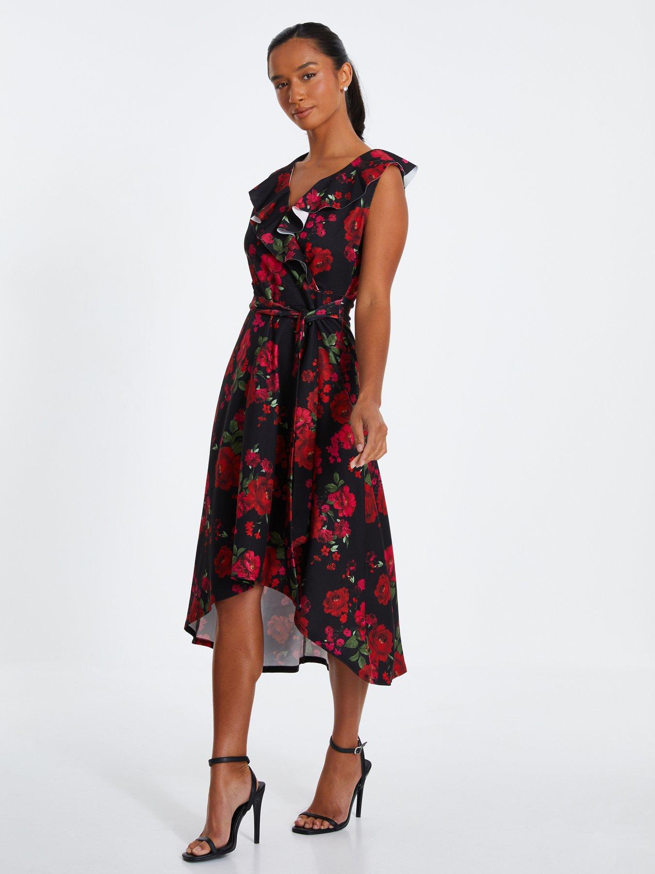 Image 3 of 6 of Quiz Petite Black Floral Dip Hem Midi Dress