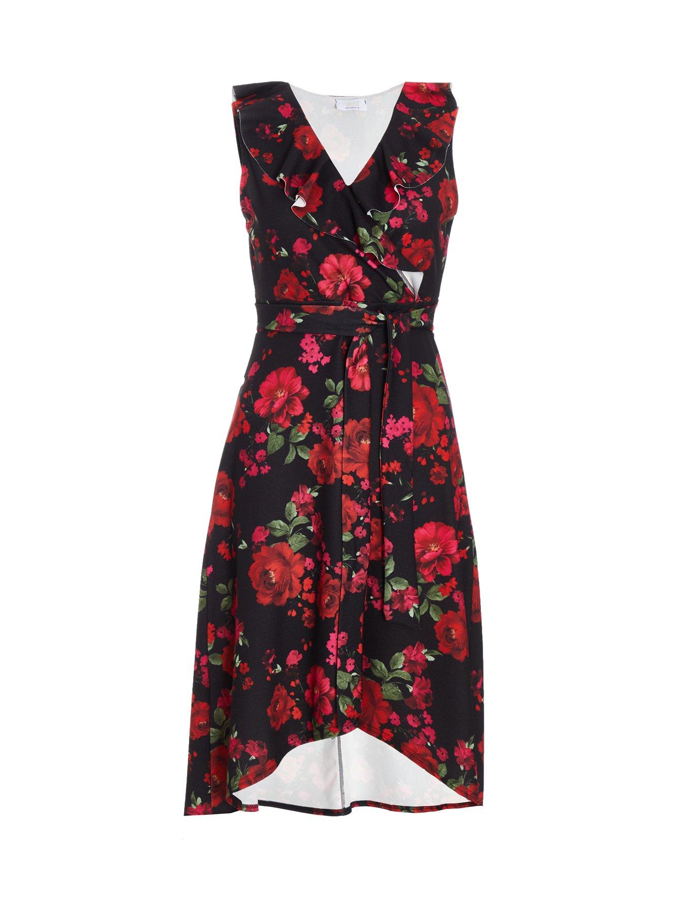Image 4 of 6 of Quiz Petite Black Floral Dip Hem Midi Dress