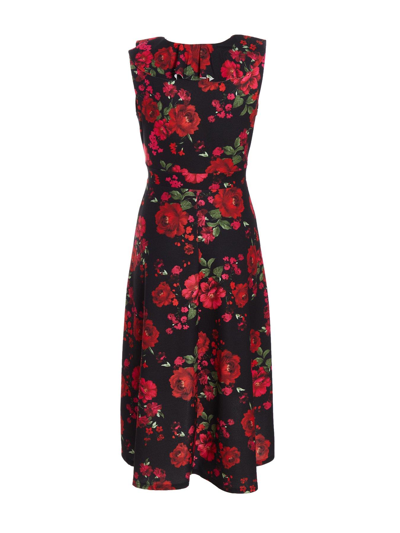 Image 5 of 6 of Quiz Petite Black Floral Dip Hem Midi Dress