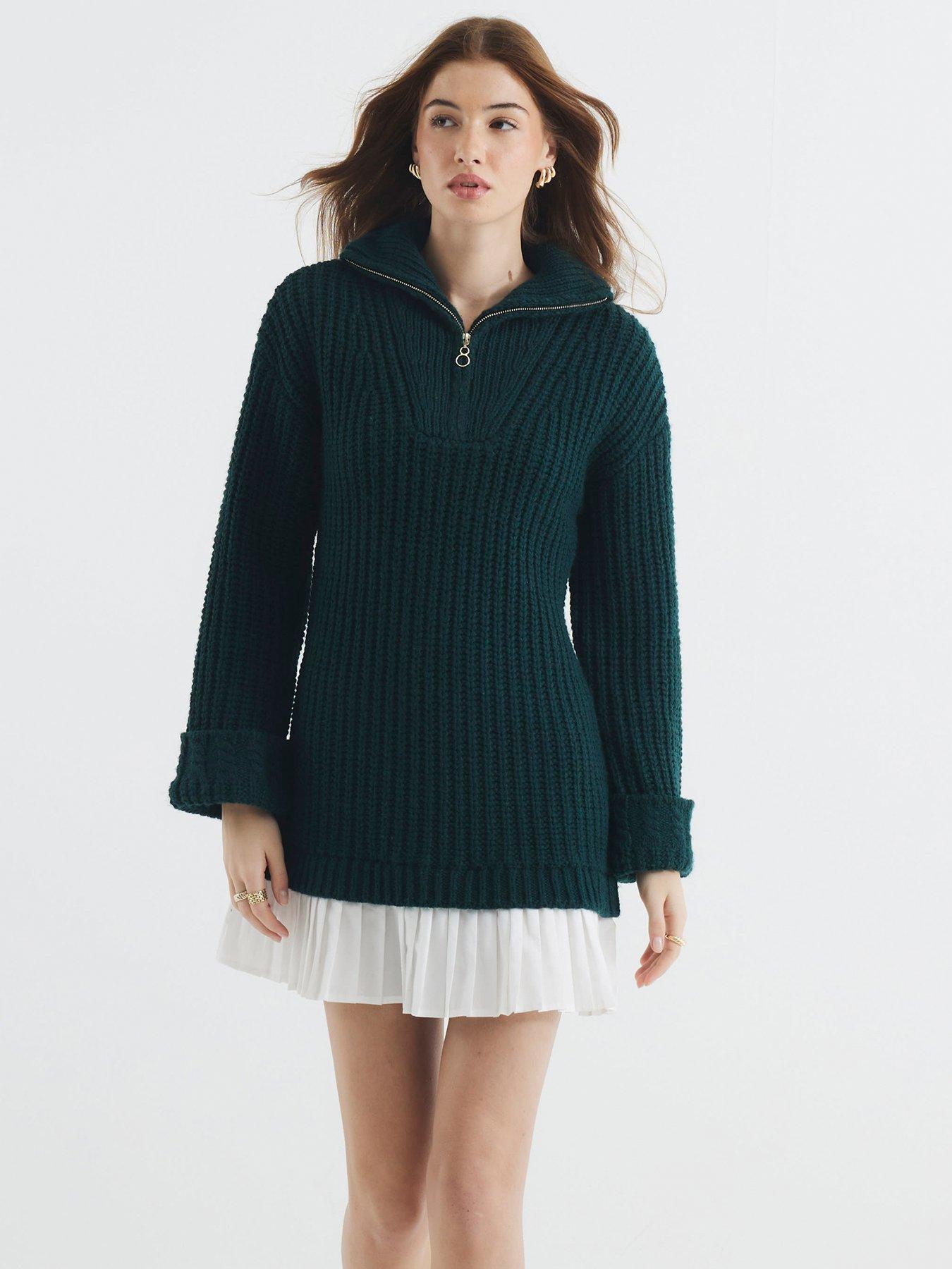 River Island Half Zip Pleated Jumper Dress - Dark Khaki