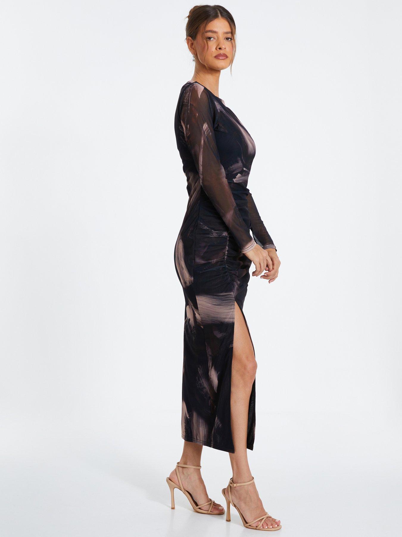 Quiz Black Marble Print Mesh Midaxi Dress | Very