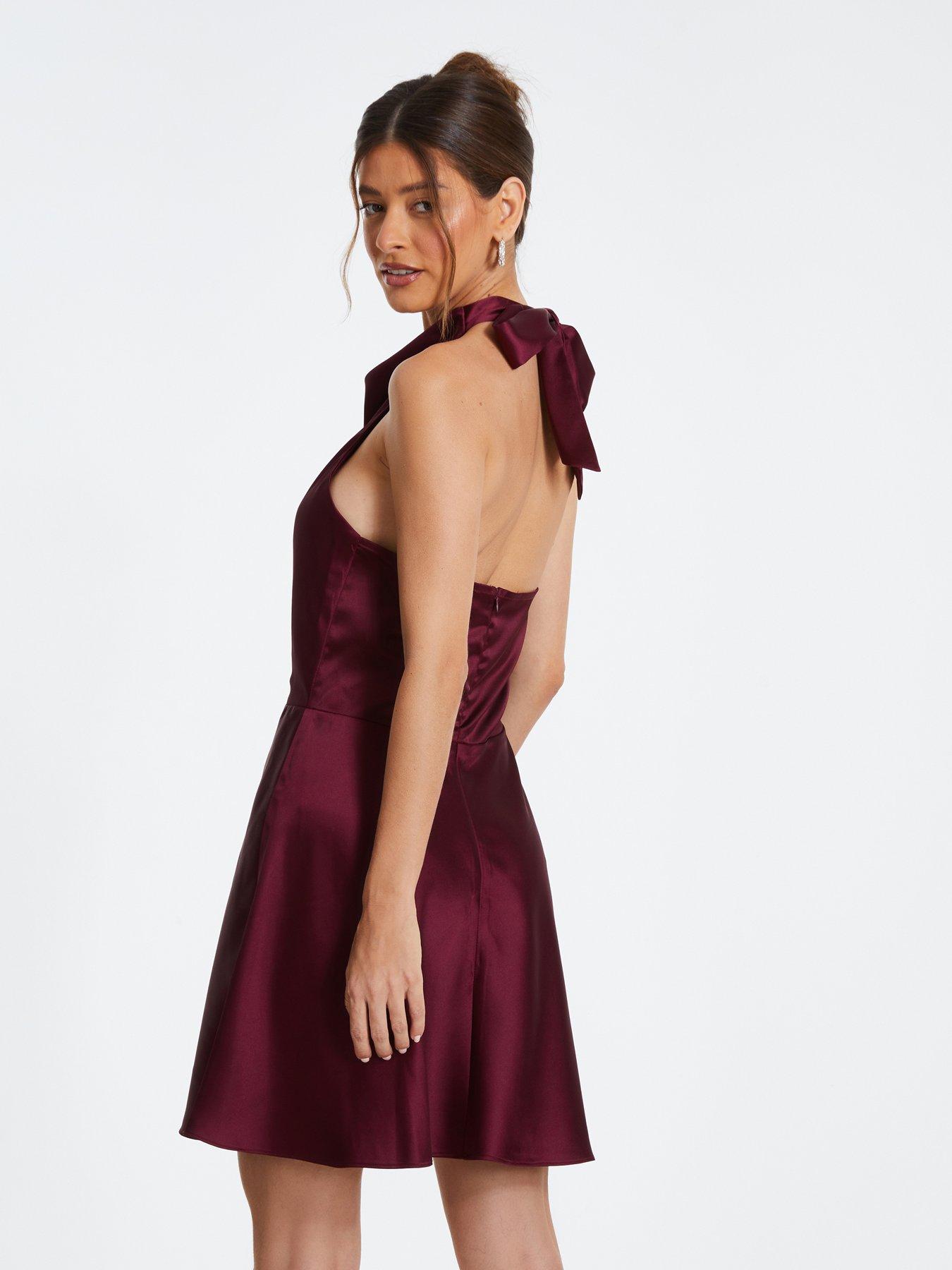 red satin skater dress Wine Red Dress - Satin Skater Dress - Tie-Back Mini Dress