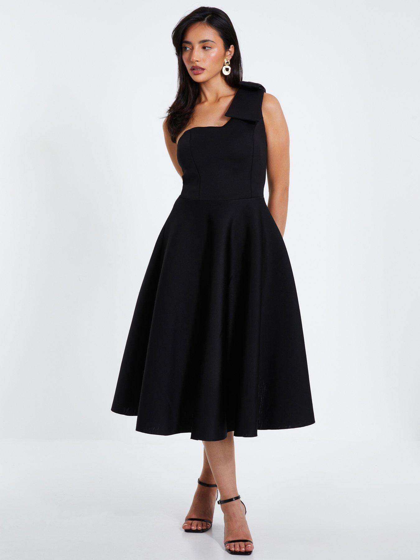 Quiz One Shoulder Bow Skater Midi Dress - Black