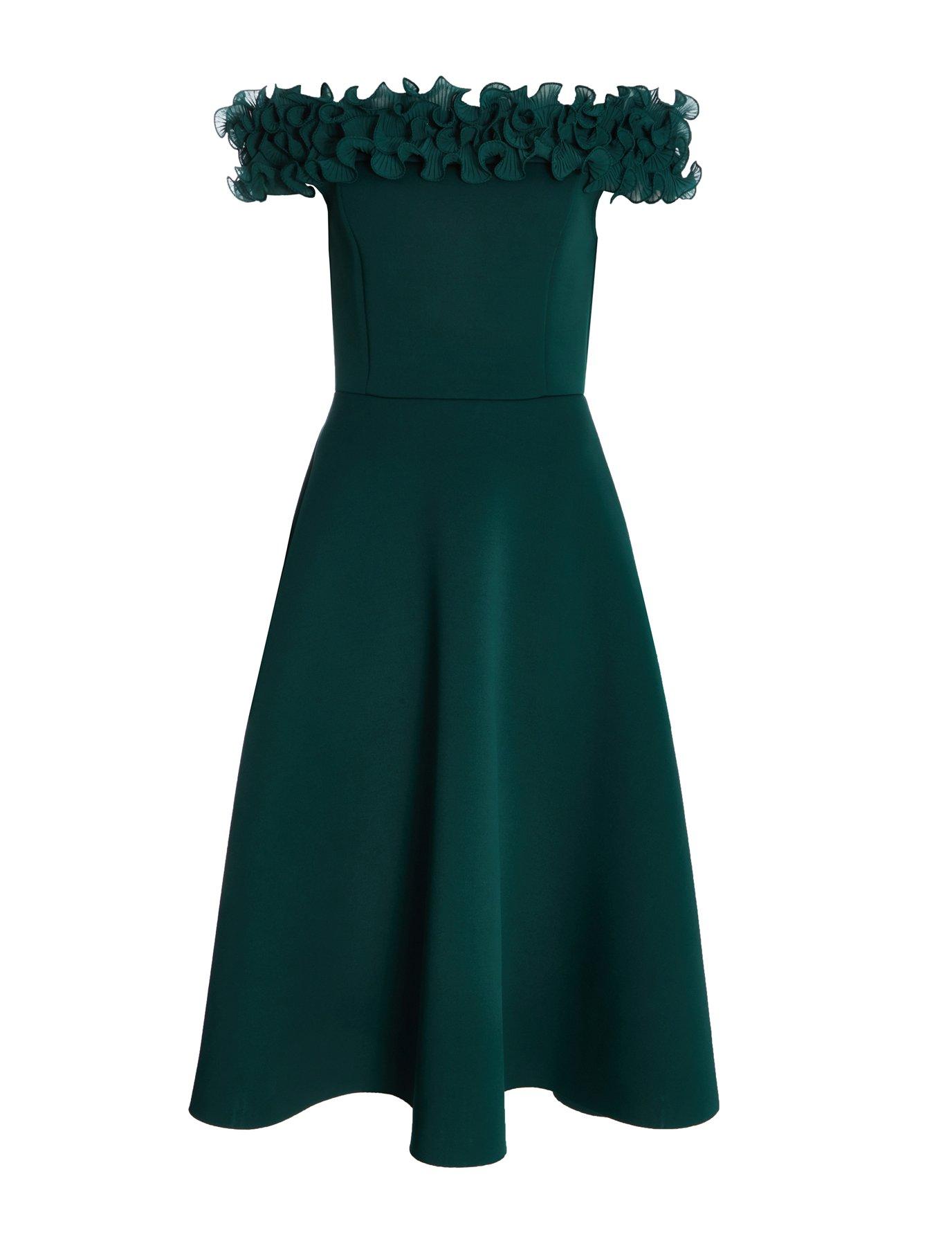 Quiz Bottle Green Bardot Ruffle Skater Midi Dress | Very