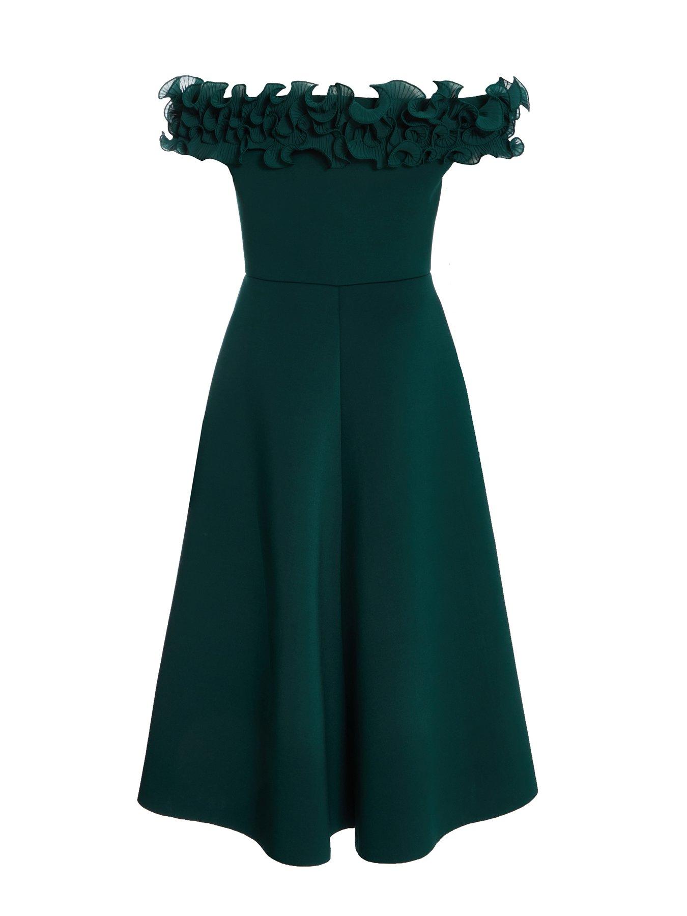 Quiz Bottle Green Bardot Ruffle Skater Midi Dress | Very