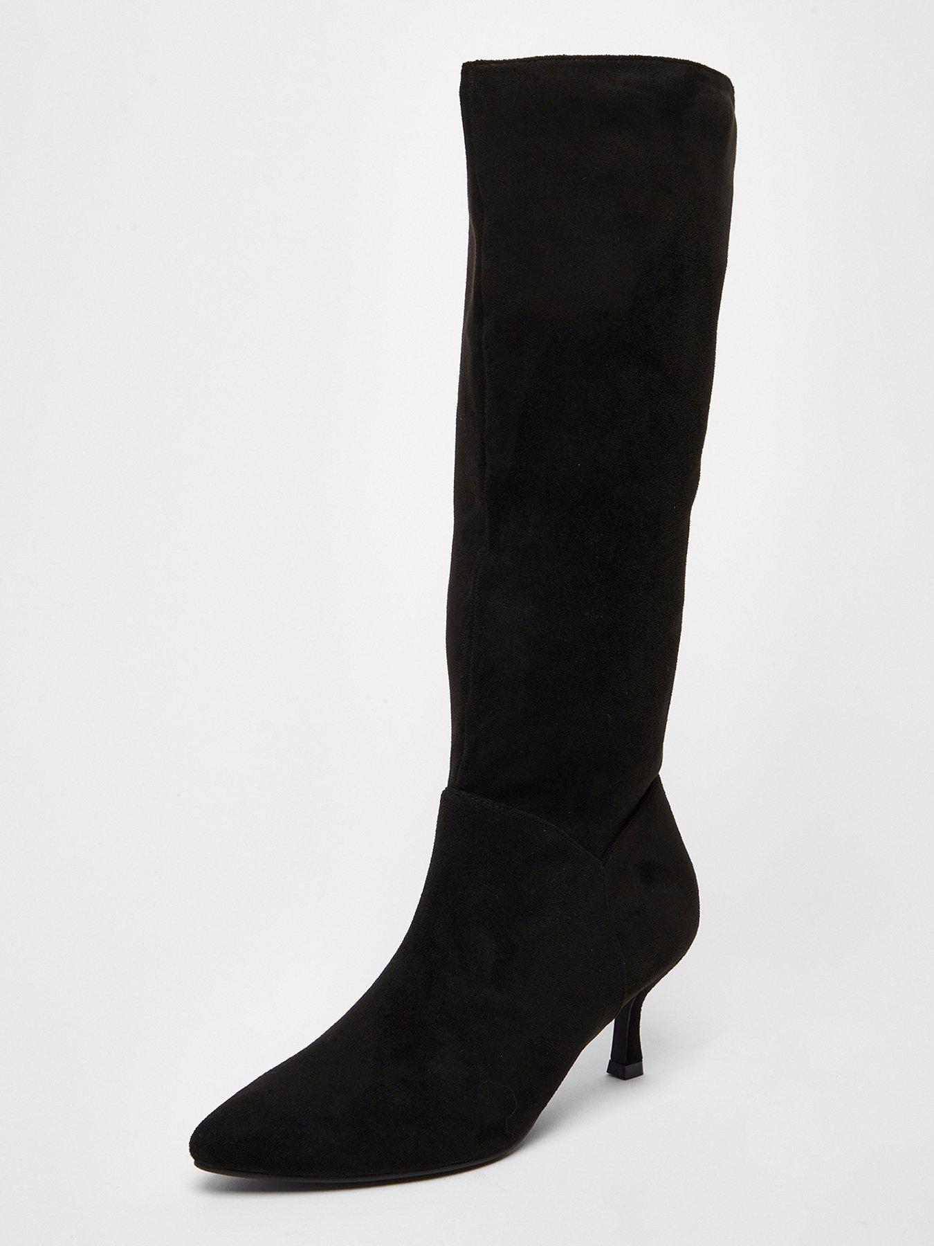 Image 4 of 5 of Quiz Black Faux Suede Knee Low Heeled Boots