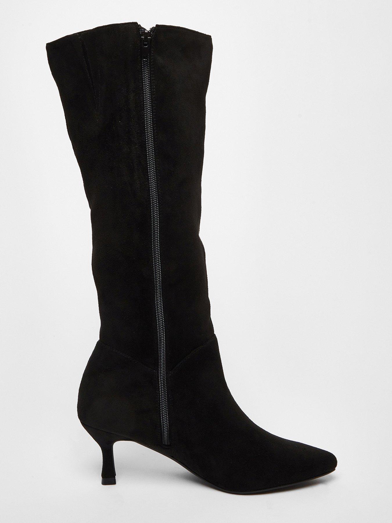 Image 5 of 5 of Quiz Black Faux Suede Knee Low Heeled Boots