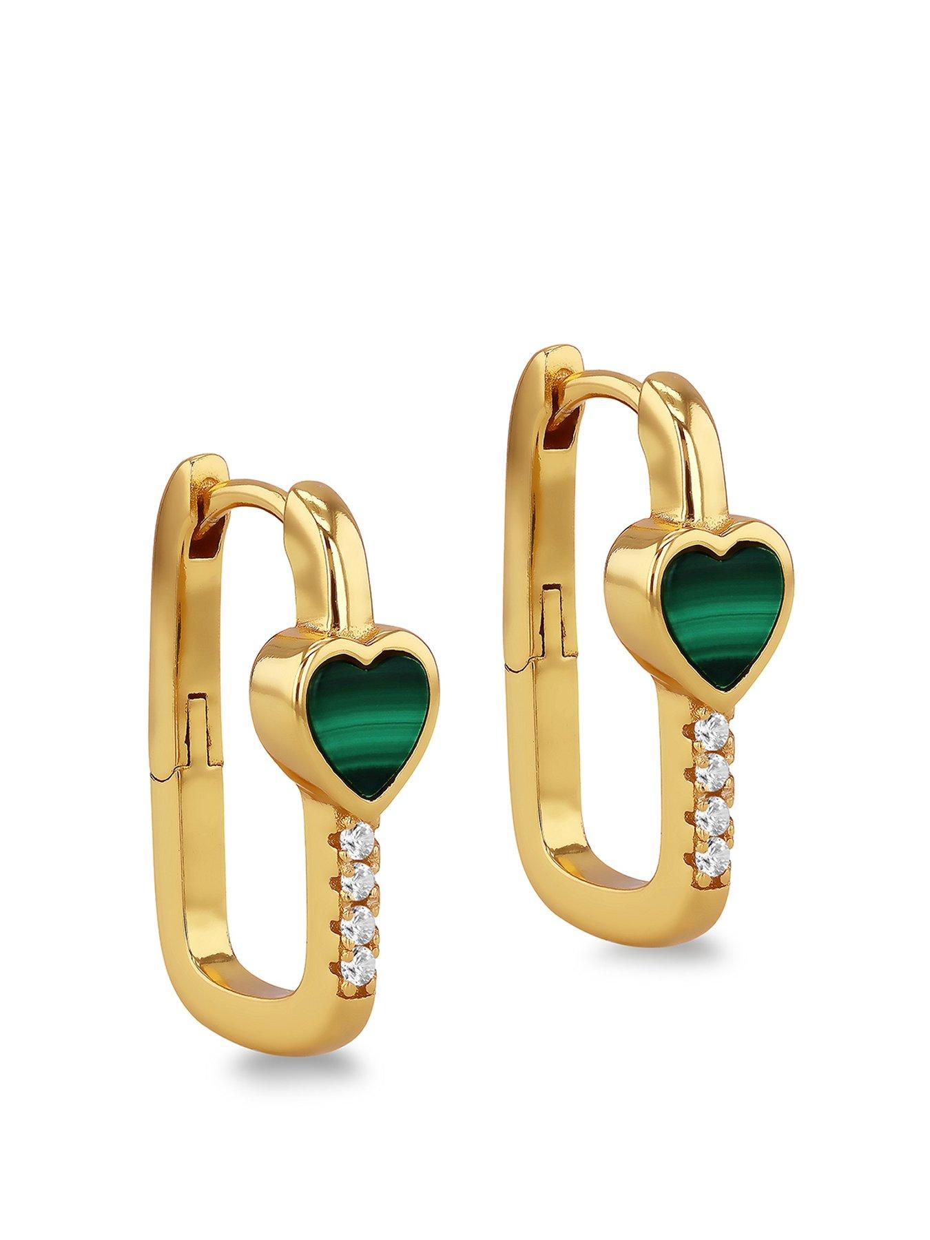 Product photograph of The Love Silver Collection Sterling Silver Yellow Gold Plated 6mm X 6mm Heart Malachite And 1mm White Cz Huggy Earrings from very.co.uk