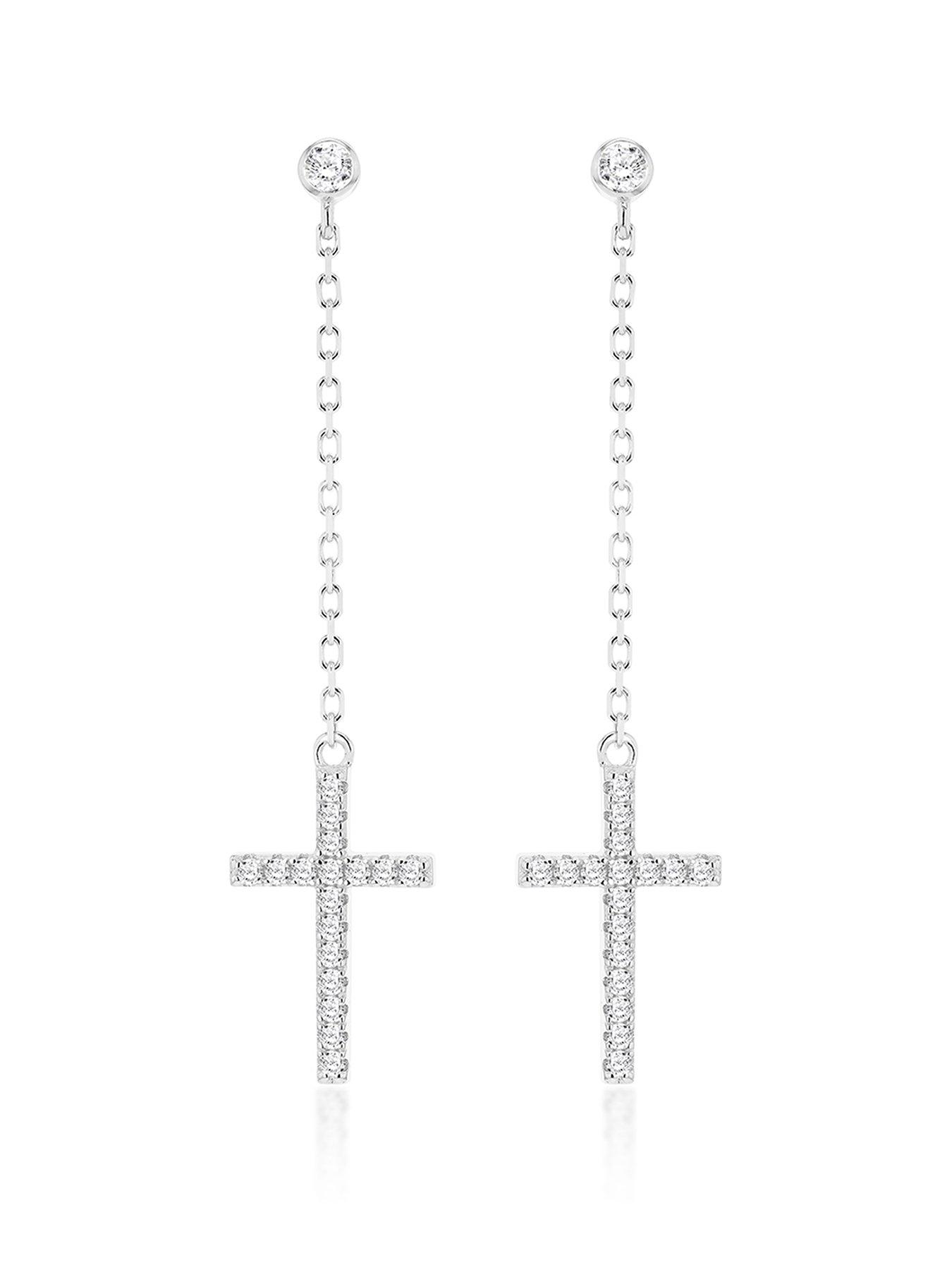 Product photograph of The Love Silver Collection Sterling Silver Rhodium Plated 10 5mm X 48mm Cross With Cz And Chained Drop Stud Earrings from very.co.uk