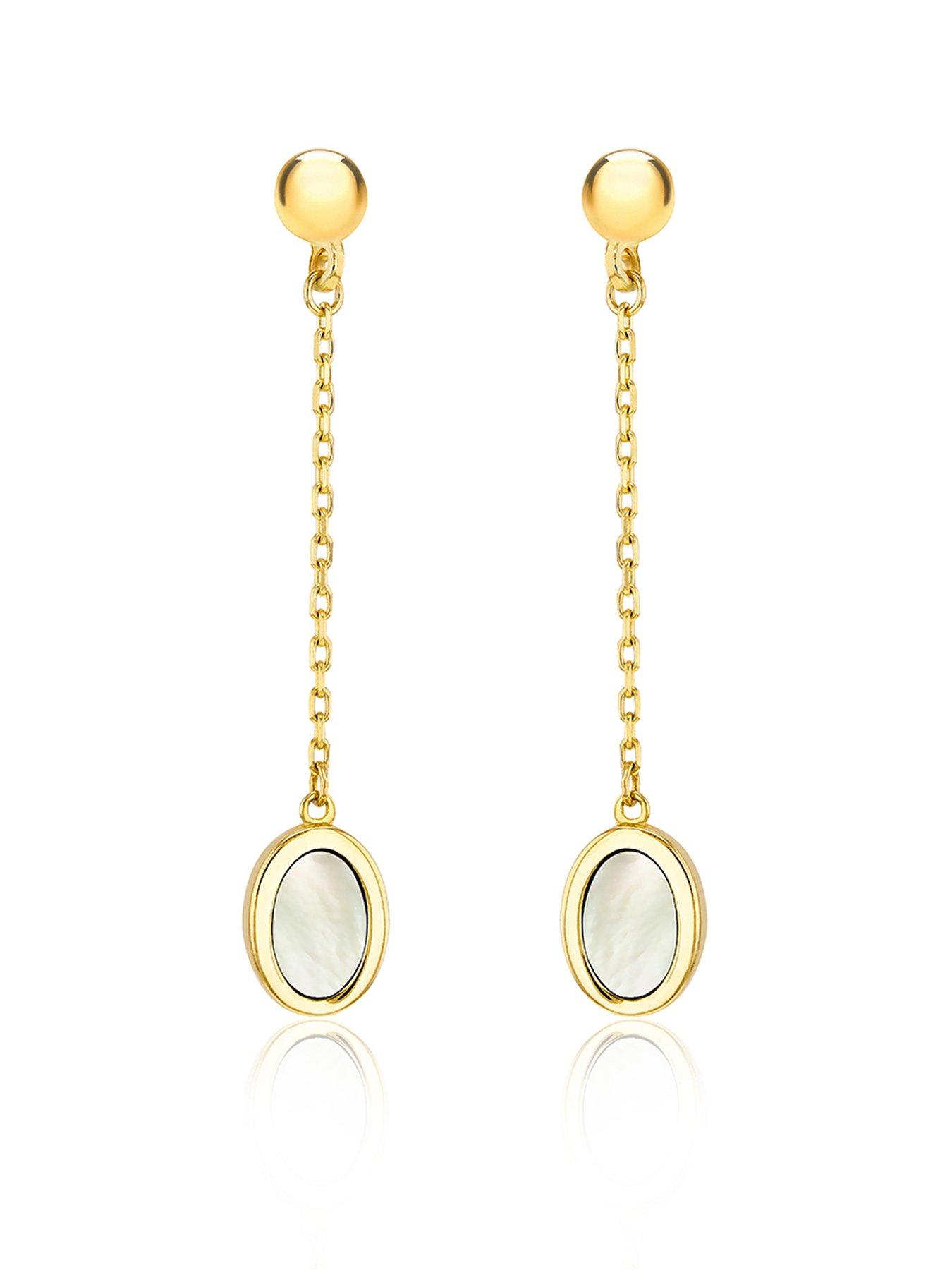 Product photograph of Love Gold 9ct Yellow Gold 6mm X 37 5mm Oval Mother Of Pearl Drop Stud Earrings from very.co.uk