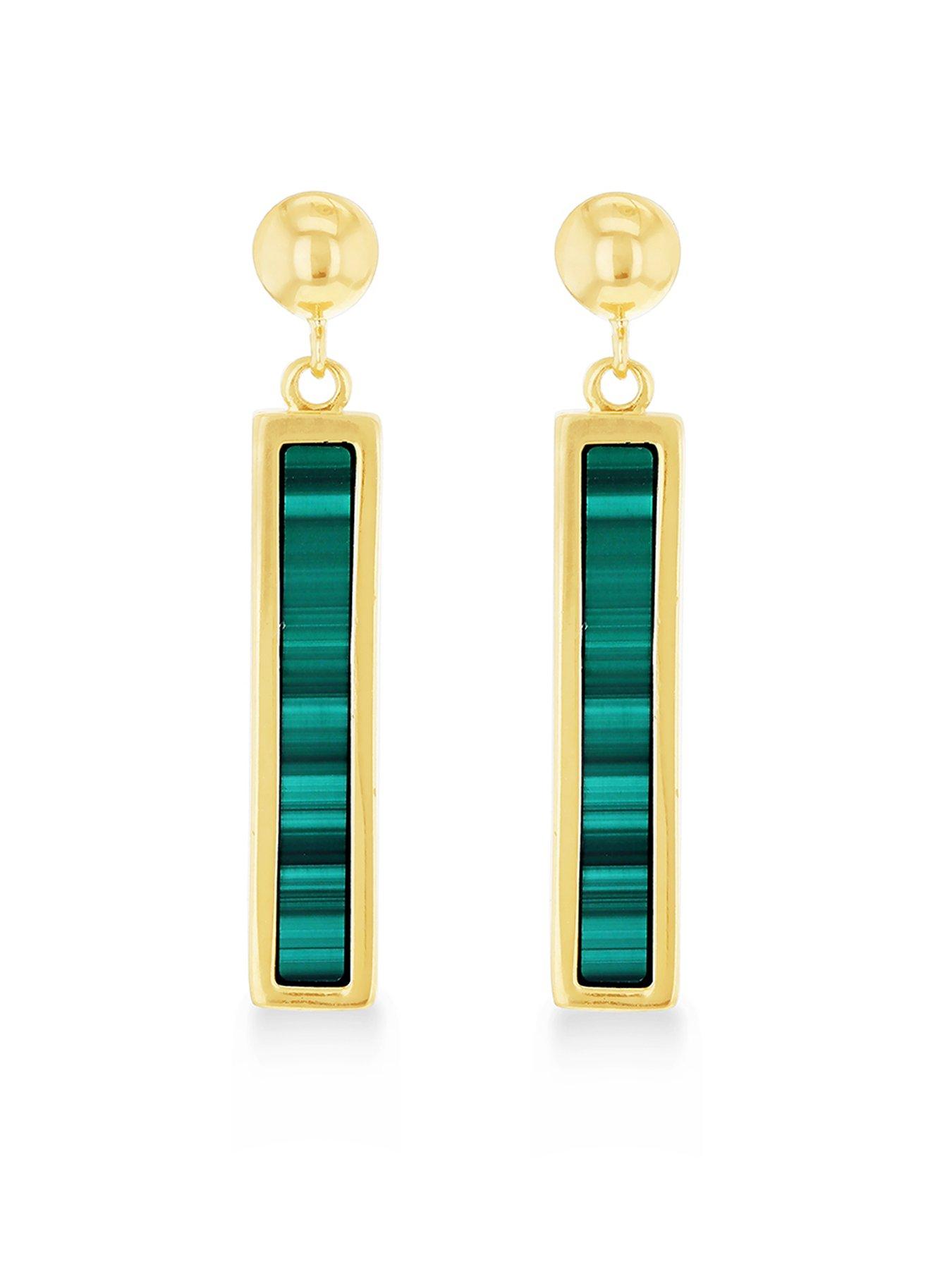 Product photograph of Love Gold 9ct Yellow Gold 4mm X 19mm Malachite Bar Drop Stud Earrings from very.co.uk