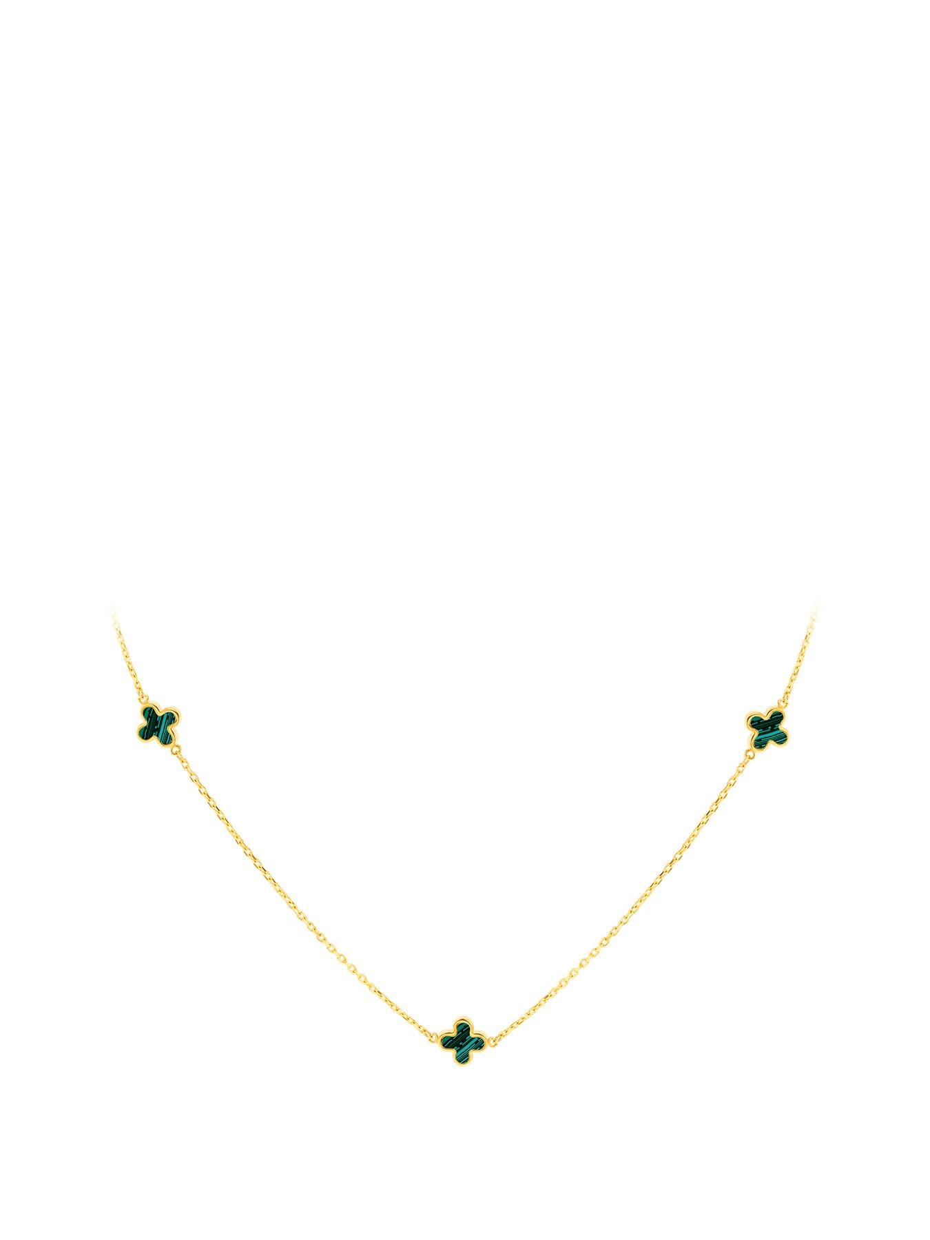 Product photograph of Love Gold 9ct Yellow Gold 3 X 6 5mm Malachite Clover Petals Necklace 41-43cm 16-17 from very.co.uk