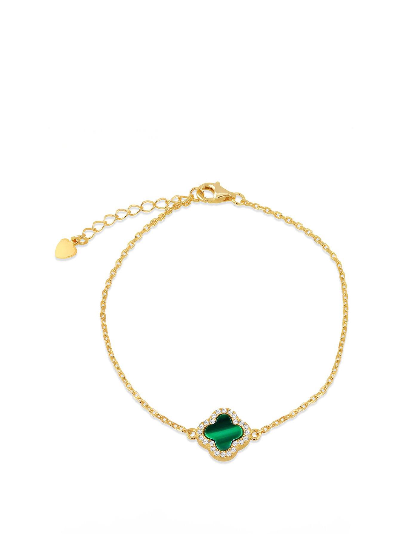 Product photograph of The Love Silver Collection Sterling Silver Yellow Gold Plated 11mm X 11mm Clover Malachite And 1mm White Cz Adjustable Bracelet 18cm 7 20cm 8 from very.co.uk