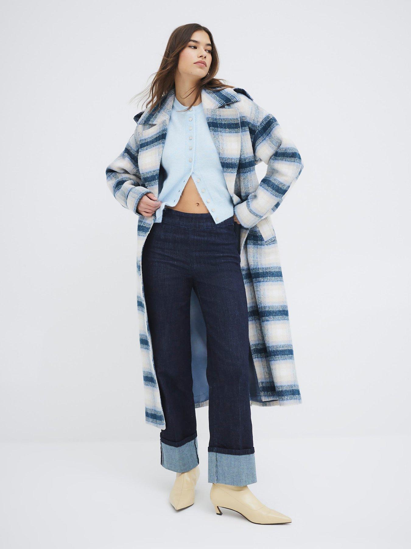 undefined Check Belted Coat - Blue