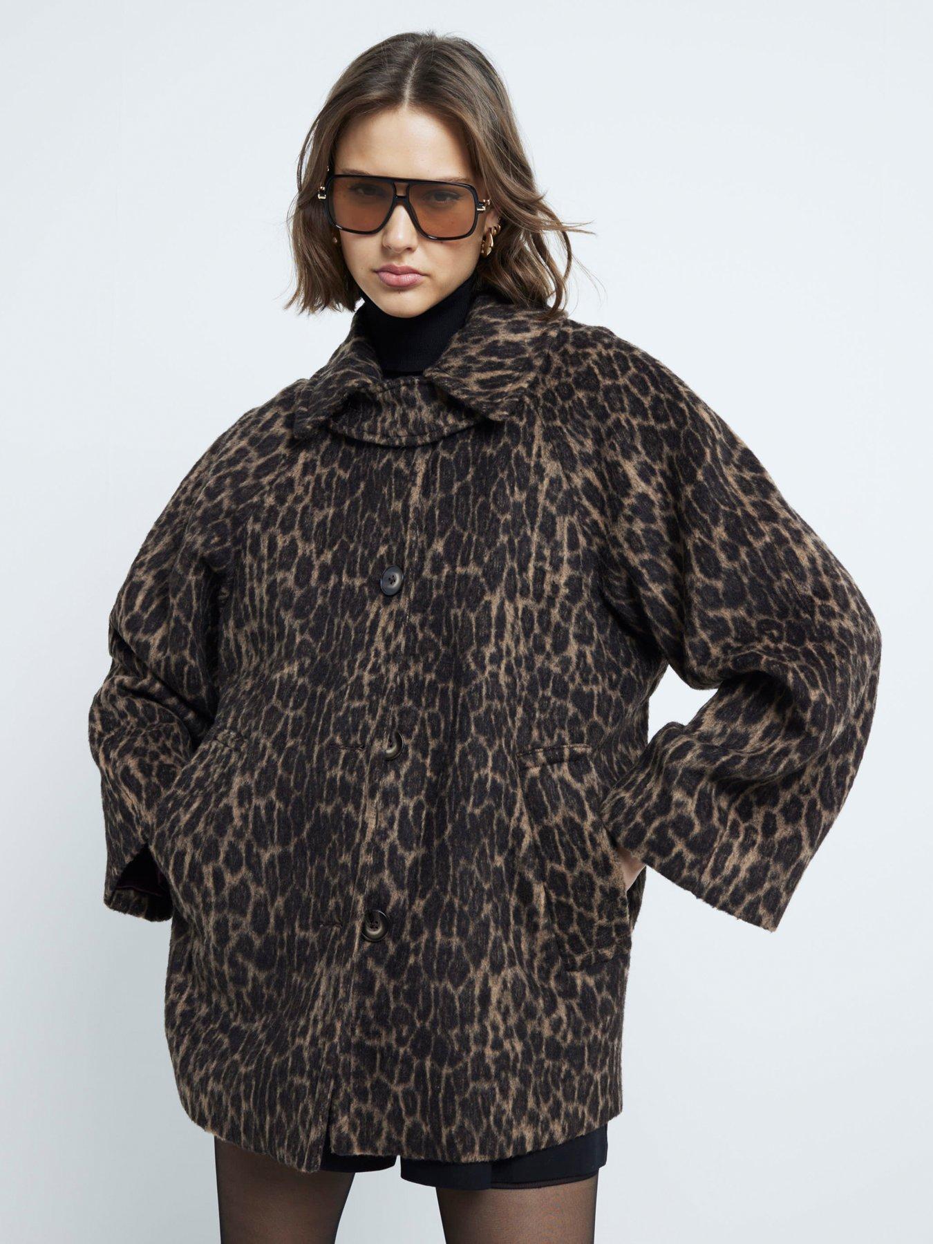 undefined Leopard Funnel Neck Coat - Dark Brown