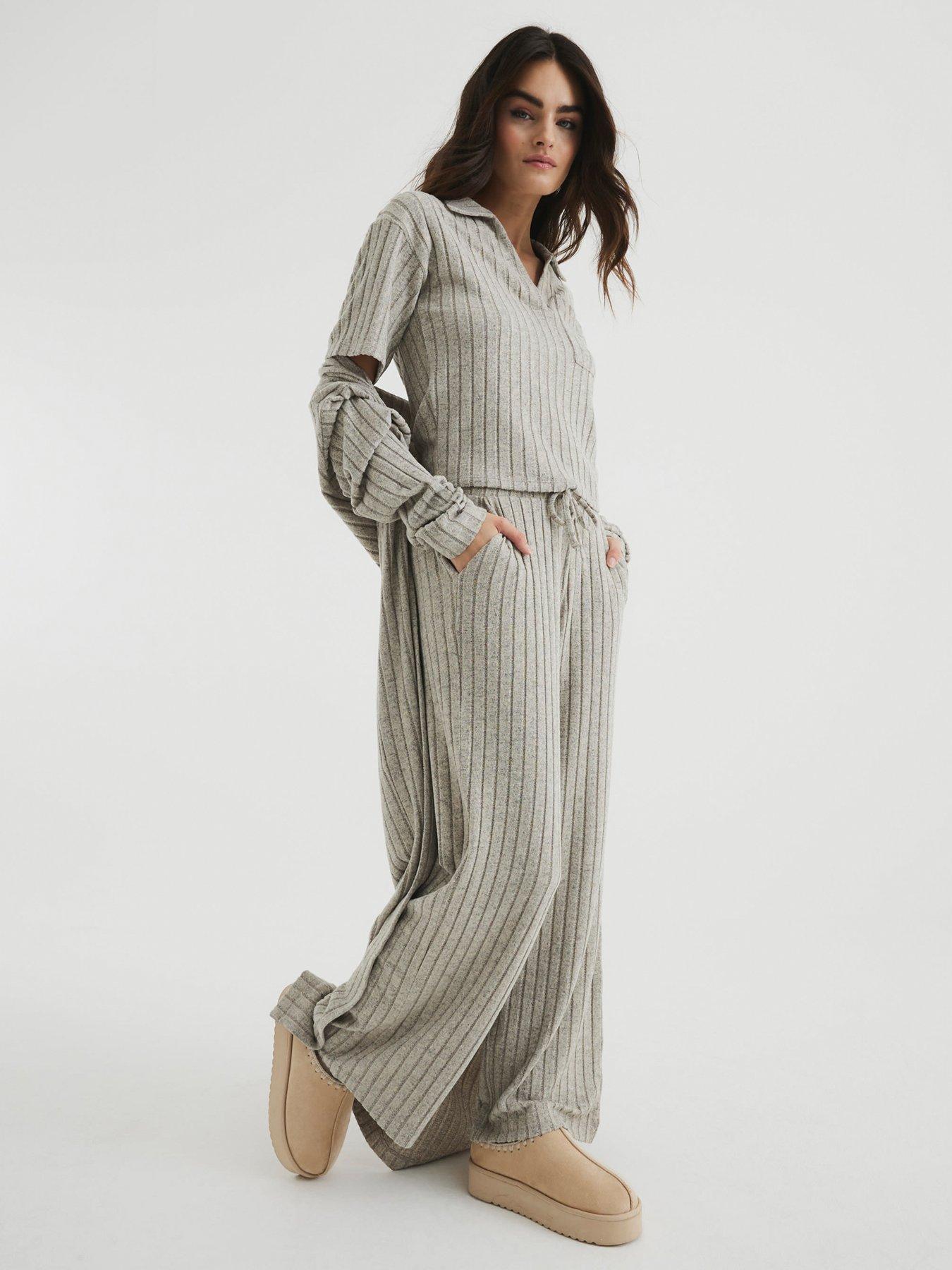 Image 1 of 4 of River Island Marl Rib Wide Leg Trouser - Brown Marl